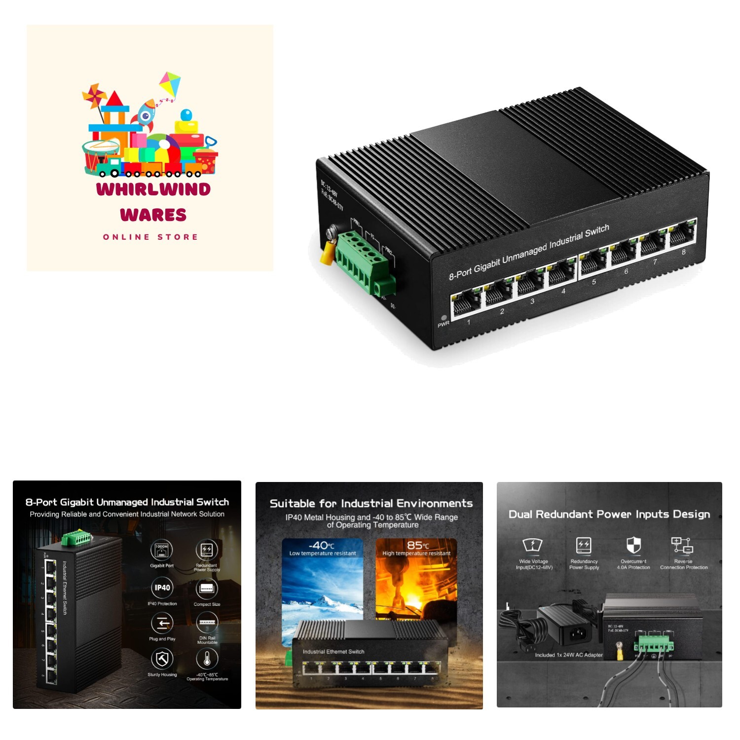 Din Rail Industrial Ethernet Switch, 8 Ports 10/100/1000Mbps, Fanless Wall Mo...