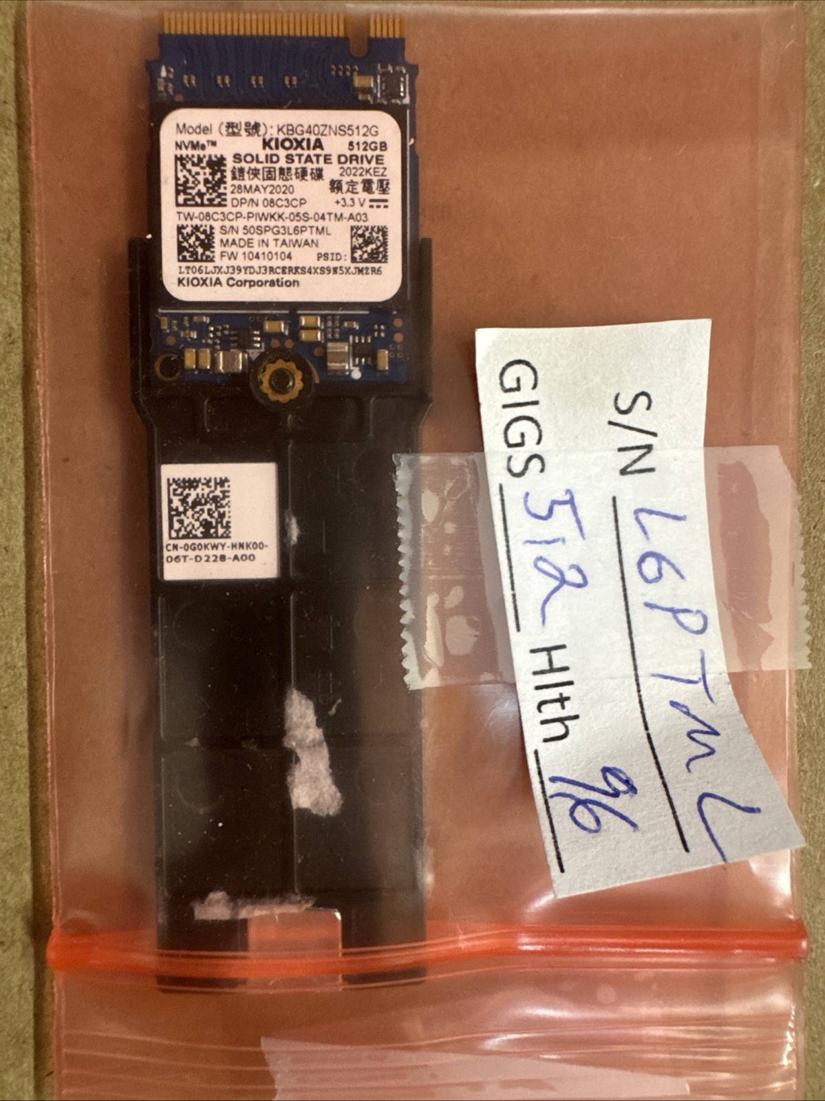 KIOXIA 512GB NVMe M.2 2230 PCIe Gen3x4 SSD KBG40ZNS512G Dell 08C3CP - 96% HEALTH