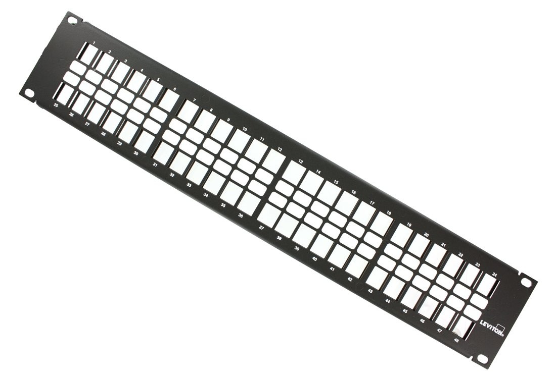 Leviton 49255-H48 QuickPort Flat Panel, 48-Port, 2RU, Cable Bar Included , Black