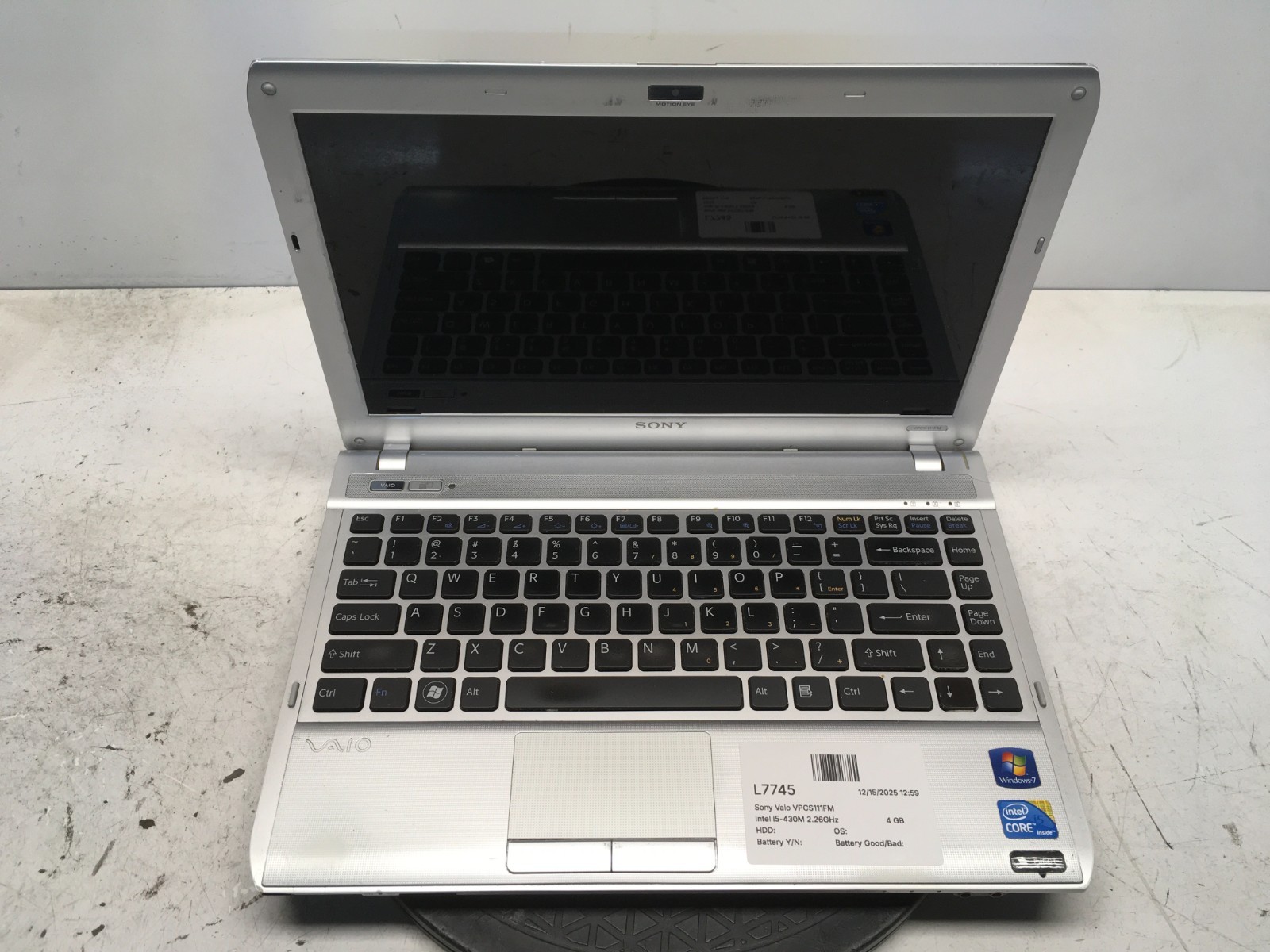 Sony Vaio VPCS111FM Intel i5-430M 2.26GHz 4 GB NO HDD