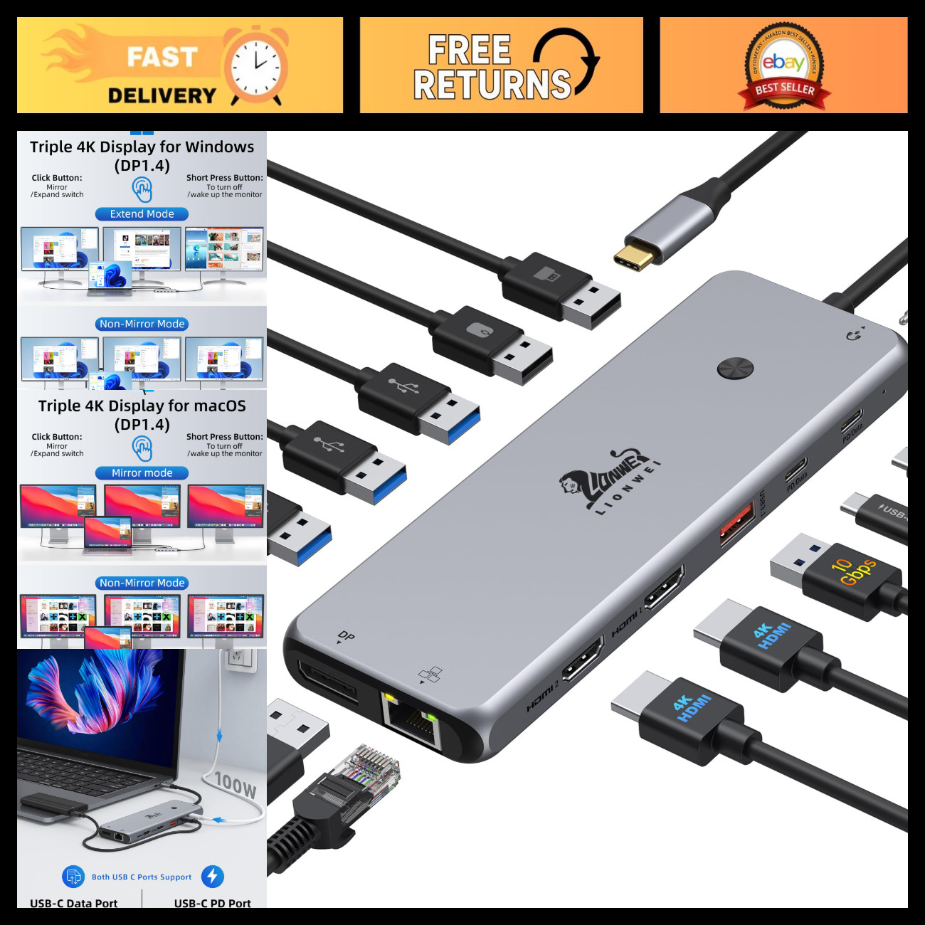 4K Dual Monitor Docking Station USB-C Hub 13-in-1 for Laptop & MacBook