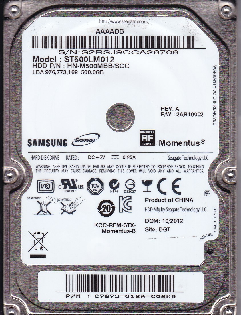 ST500LM012 pn: HN-M500MBB/SCC fw: 2AR10002 sn: S2R DGT 500GB SATA 2.5 SEAGATE