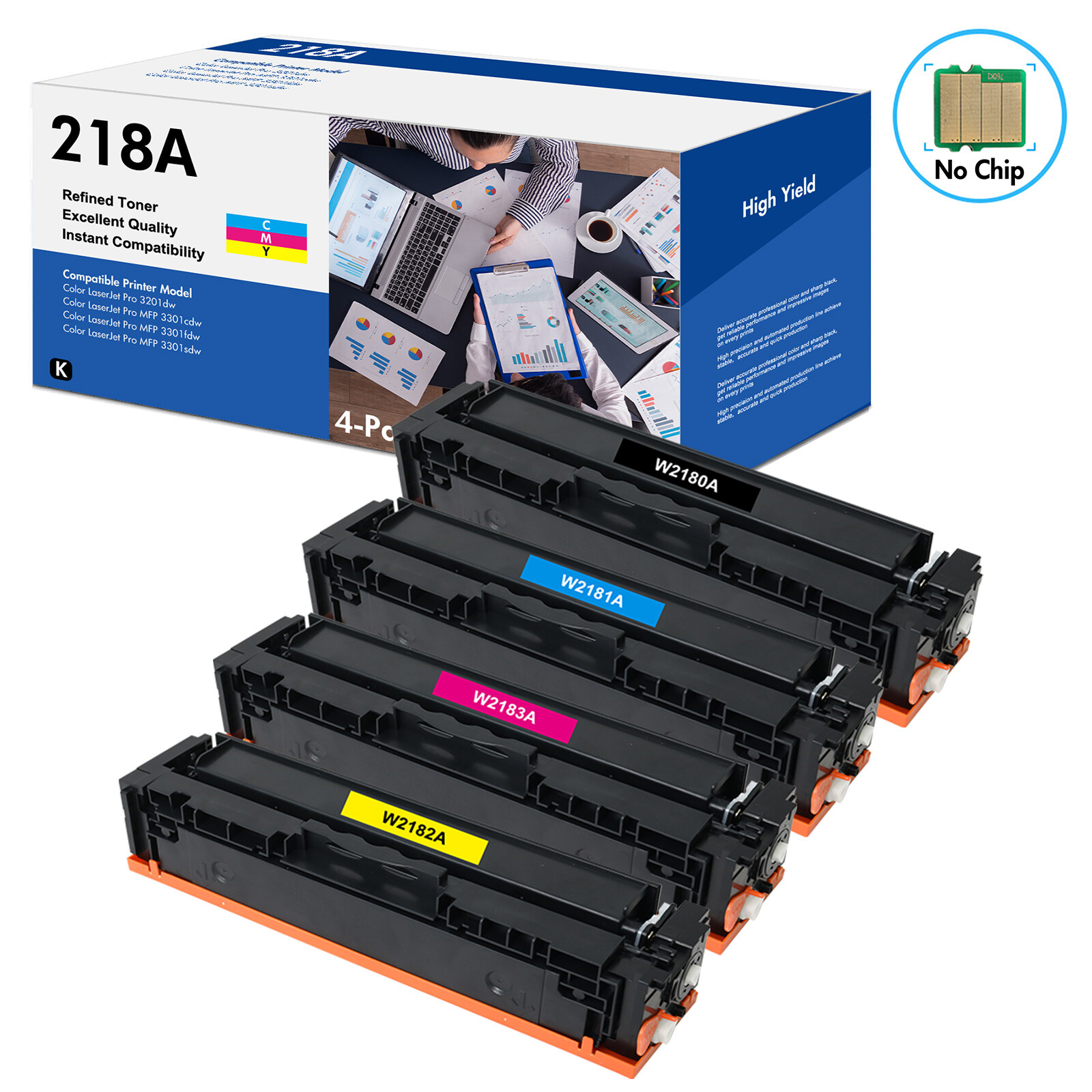 1-4PK W2180A 218A NO Chip Toner Cartridge For HP Pro 3201dw MFP 3301fdw 3301sdw