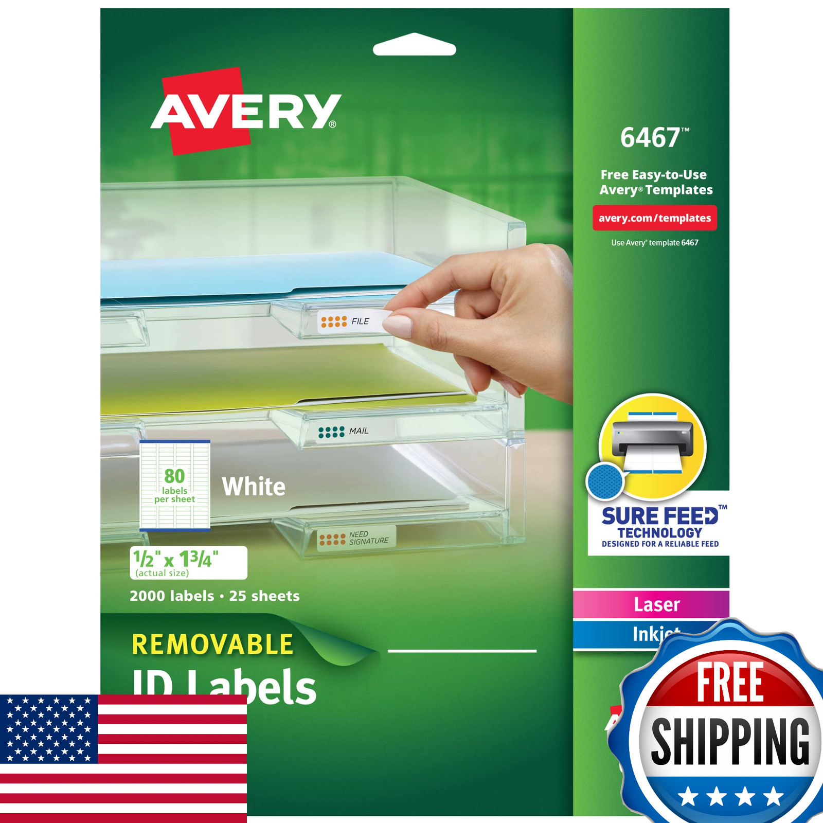 Avery Removable ID Labels, Sure Feed, 0.5" x 1.75", 2000 Labels (6467)