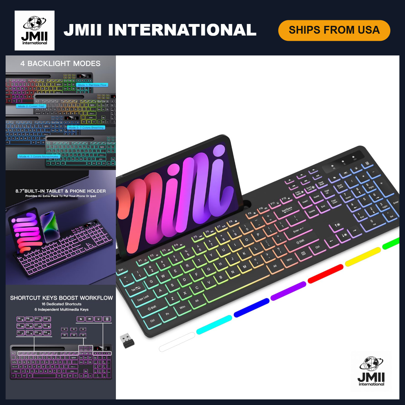 RGB Backlit Wireless Keyboard with Phone Holder for Mac/PC - Black, Gaming & Off