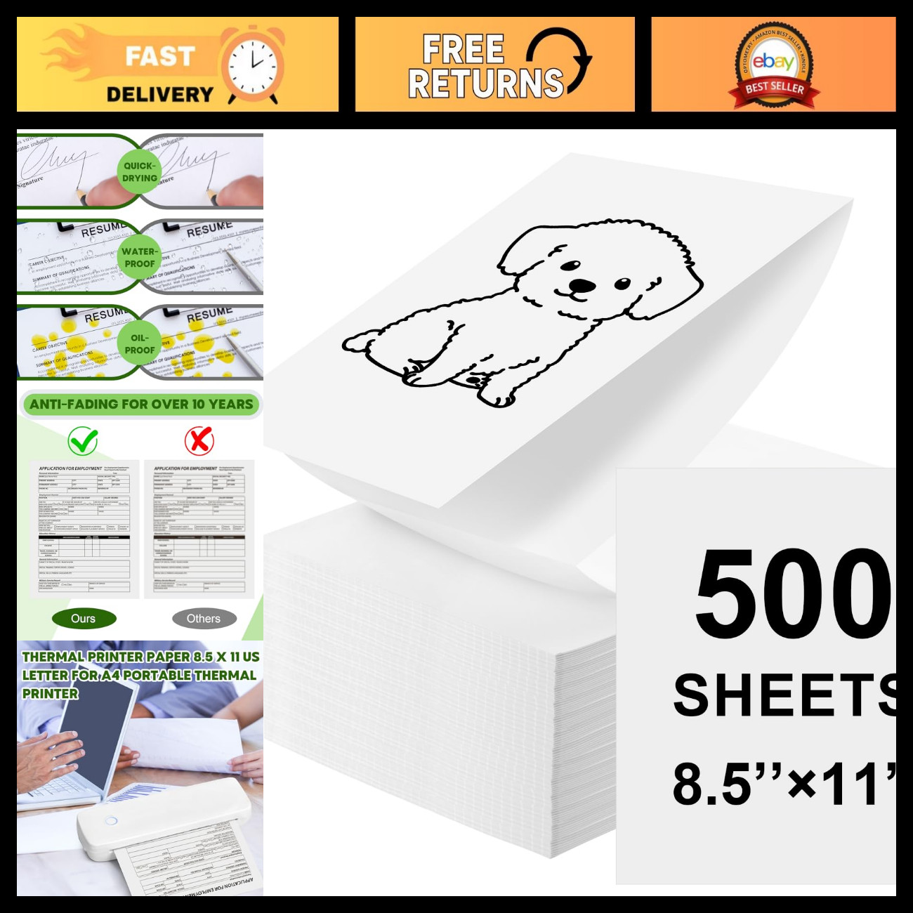 500 Sheets Thermal Printer Paper 8.5x11" Quick Dry A4 Compatible for Portable Pr