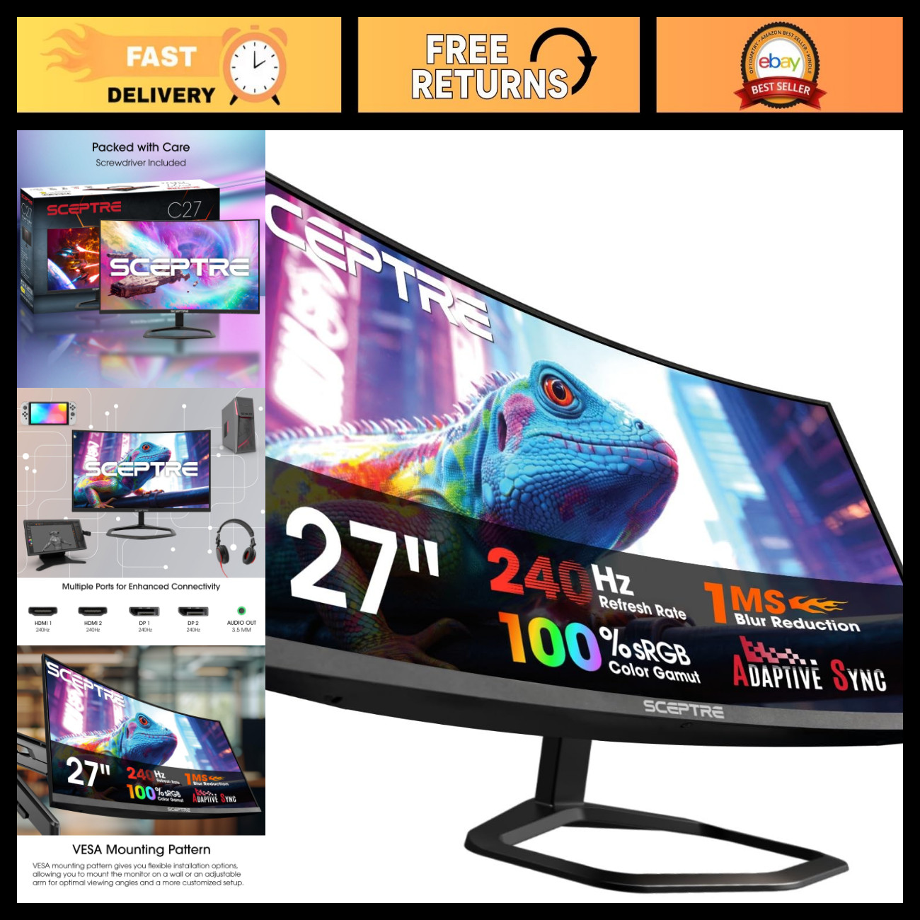 27" Curved Gaming Monitor FHD 1080p 240Hz 1500R, DisplayPort & HDMI, Built-in Sp