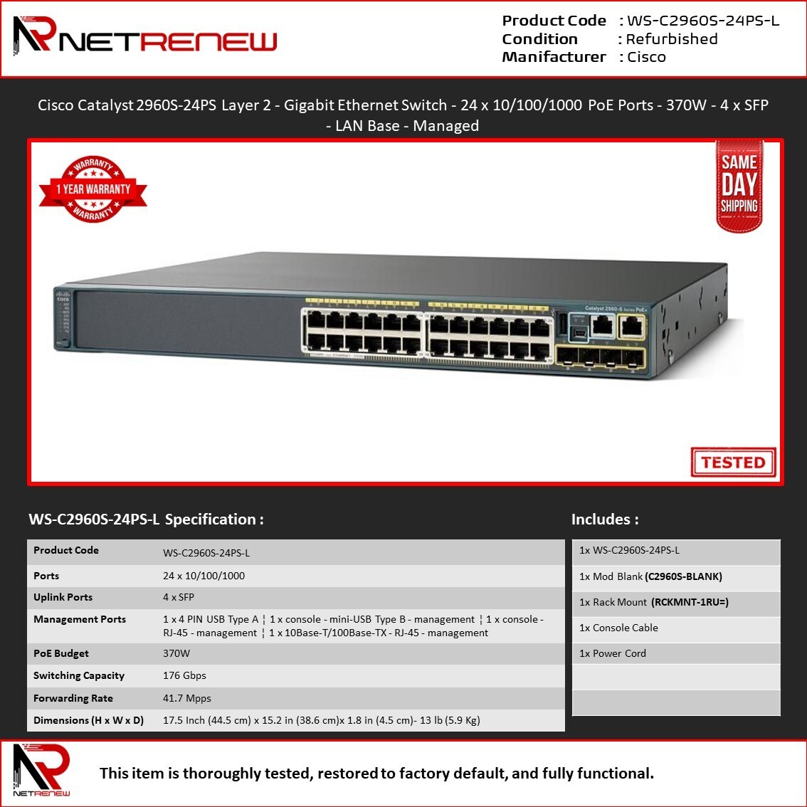 Cisco WS-C2960S-24PS-L 2960S  24Port Gigabit Ethernet PoE Switch