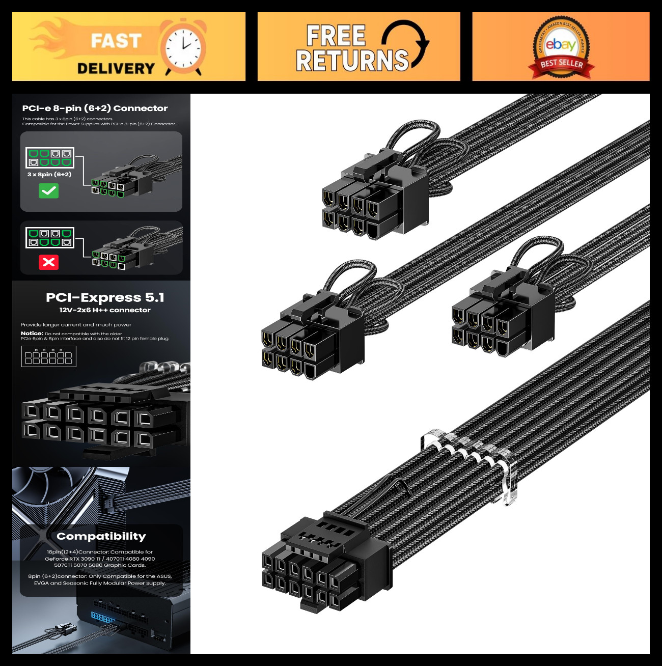 600W PCIe 5.1 GPU Power Cable 16pin (12+4) 12VHPWR - High-Performance Black Cabl