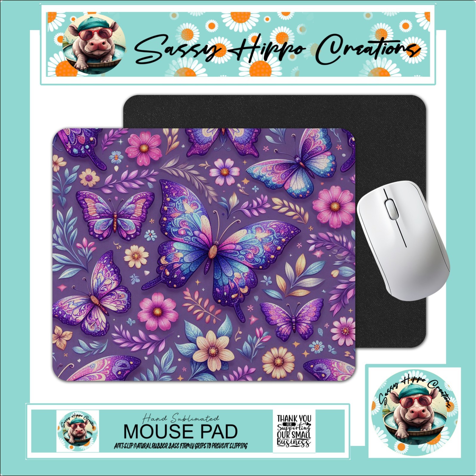 Mouse Pad Purple Butterflies Flowers Colorful Floral Anti Slip Back Easy Clean