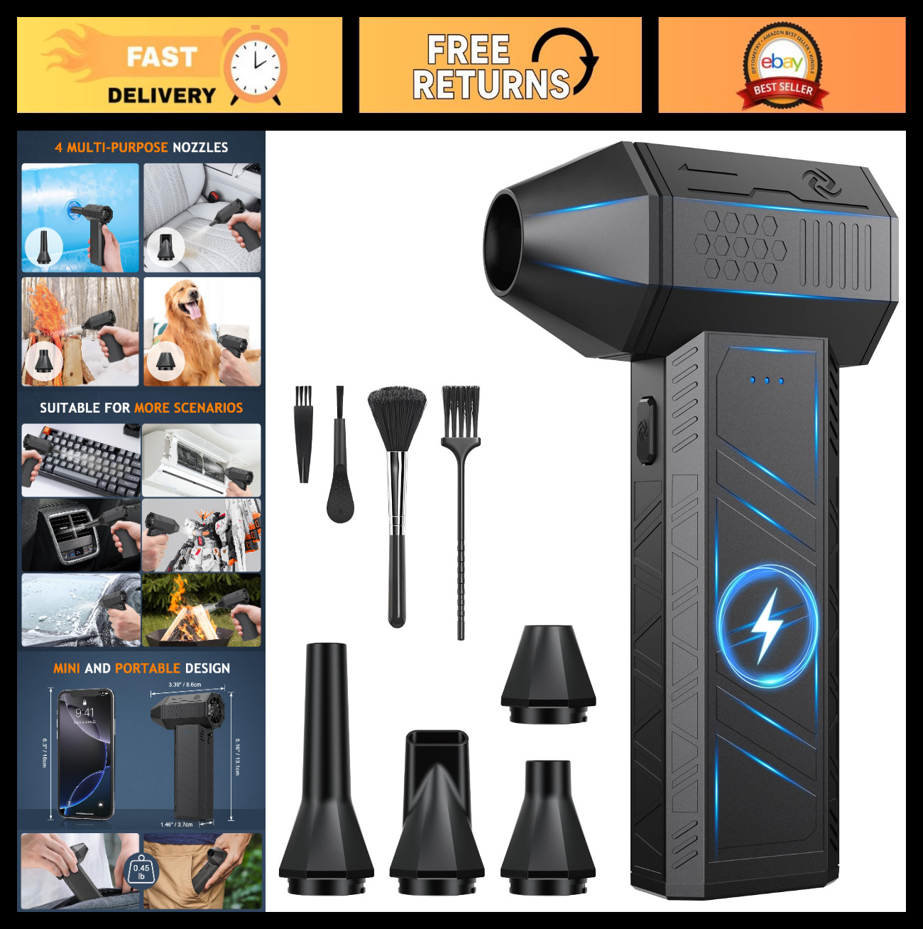 Powerful Cordless Compressed Air Duster - 180,000 RPM, 3-Speed Rechargeable Blow