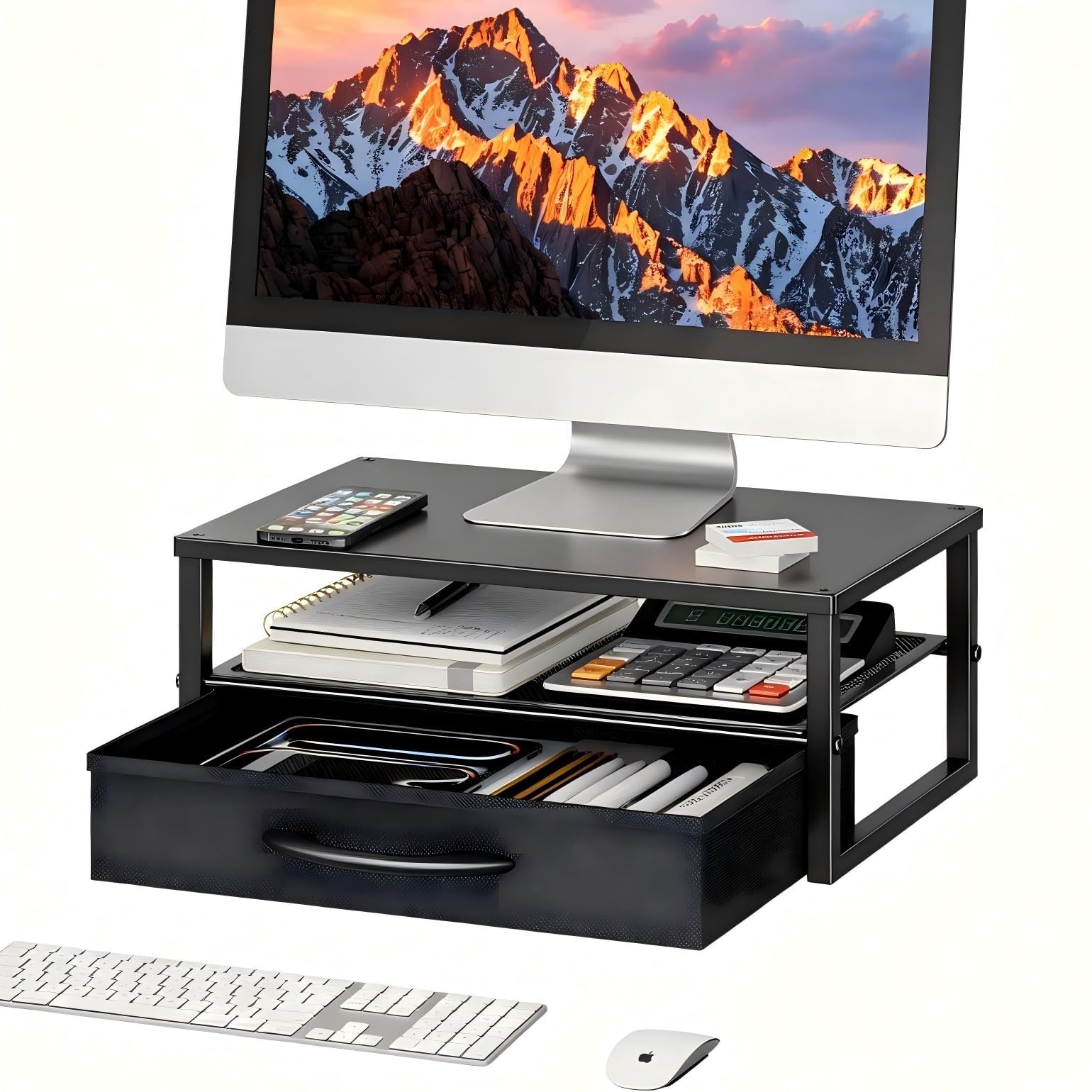 Metal Monitor Stand Riser with Fabric Drawer, 2-Tier Computer Desk Organizer ...