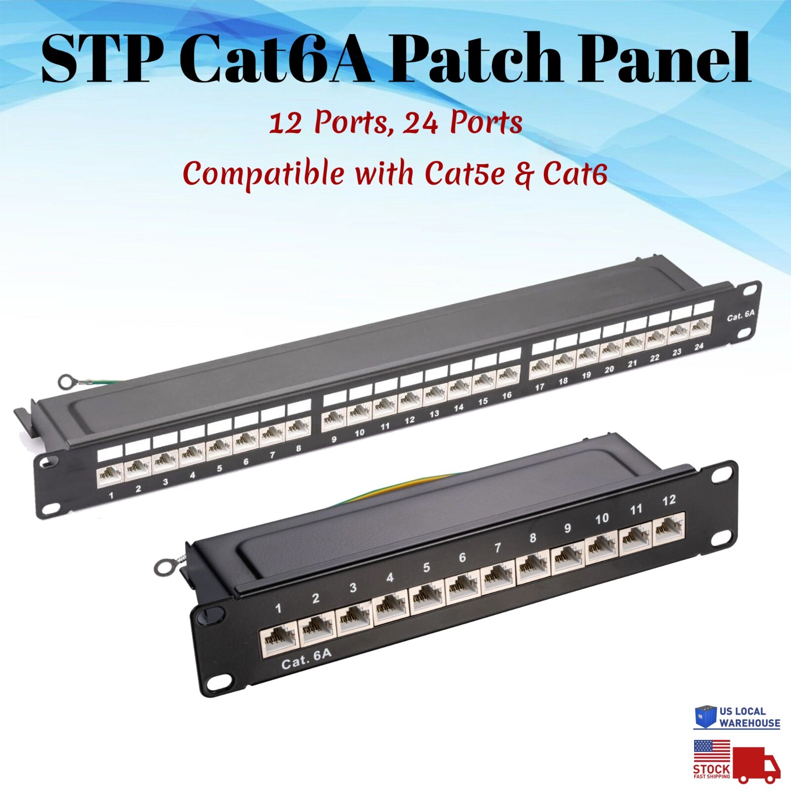 Network Patch Panel for Shielded Cat6A 12 24 Ports Port STP RJ45 Ethernet Rack