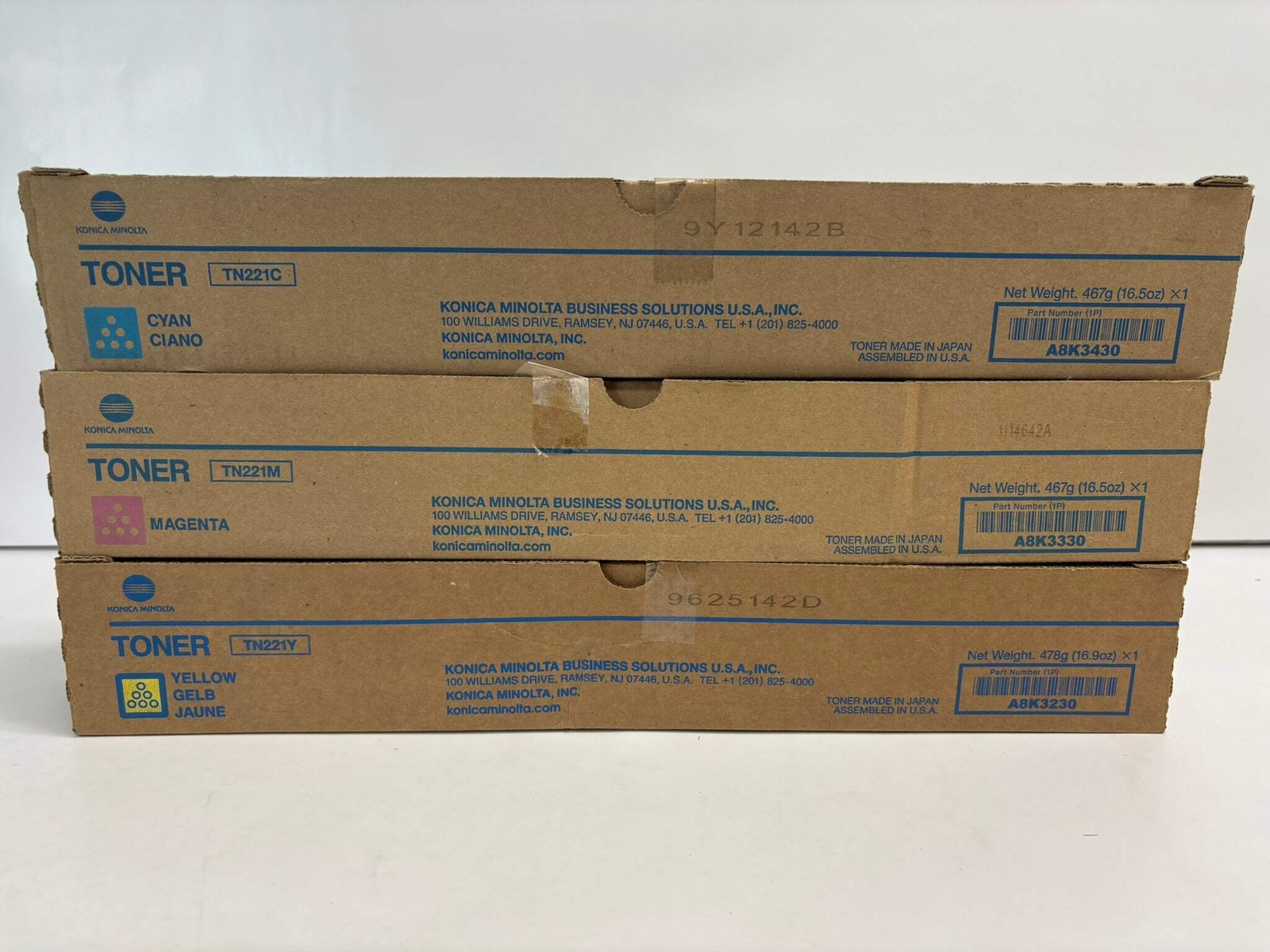 3 Genuine Konica Minolta BizHub C227,C287 TN221 CMY Toners TN221C,TN221M,TN221Y