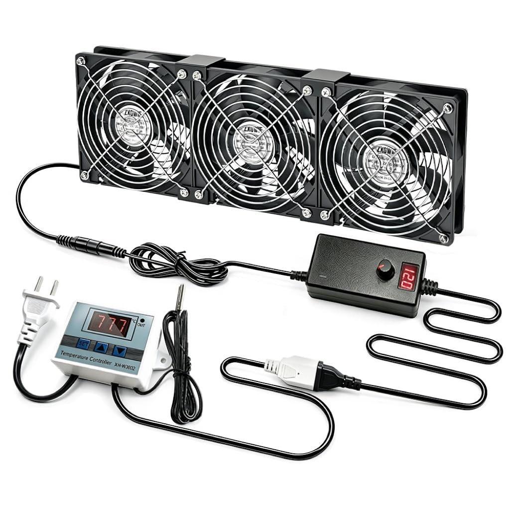 Dual Ball Cooling Fan 3x120mm AC Plug LED Temp Controller