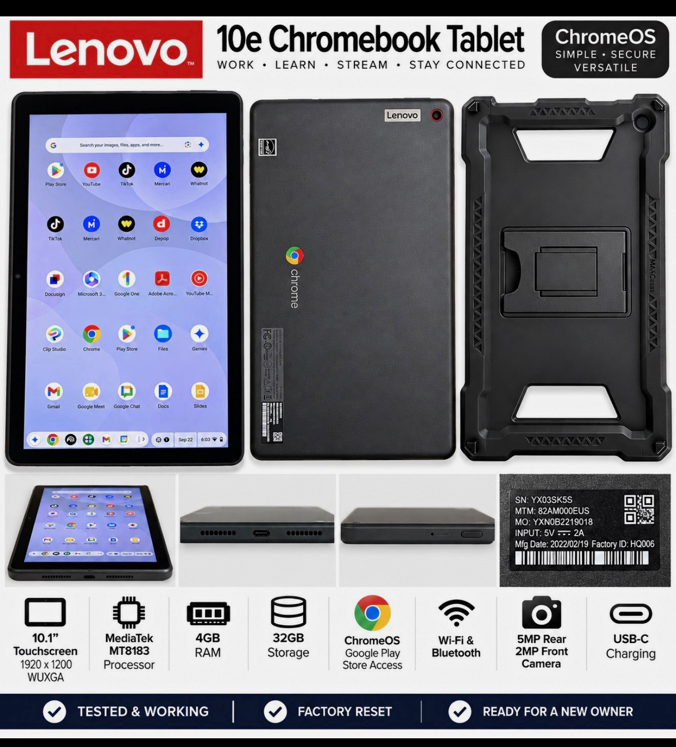 Lenovo 10e Chromebook Tablet 10.1in 32GB Wi-Fi 4GB RAM ChromeOS Black