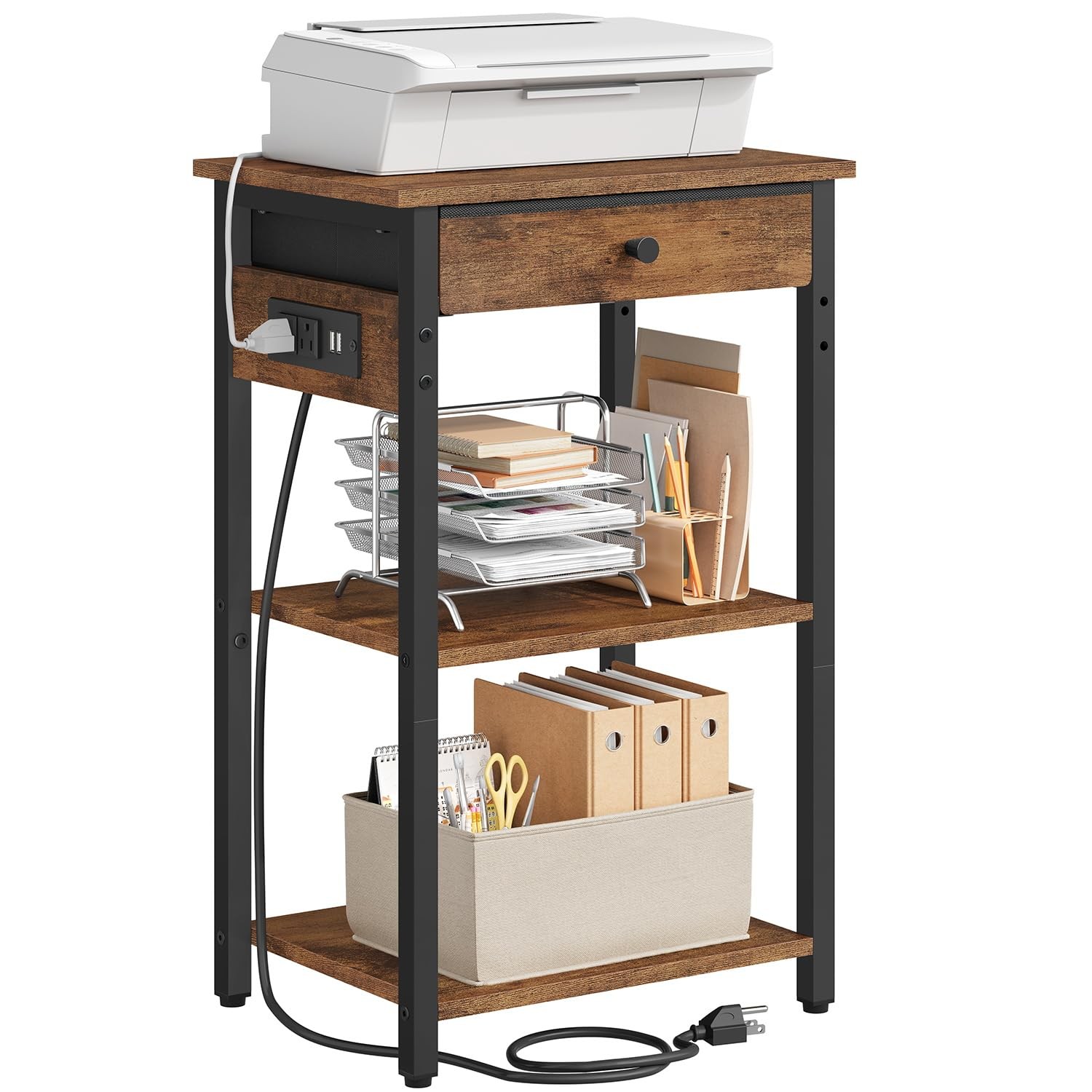 Brown 3 Tier Under Desk Printer Stand Charging Station Storage Shelves Table
