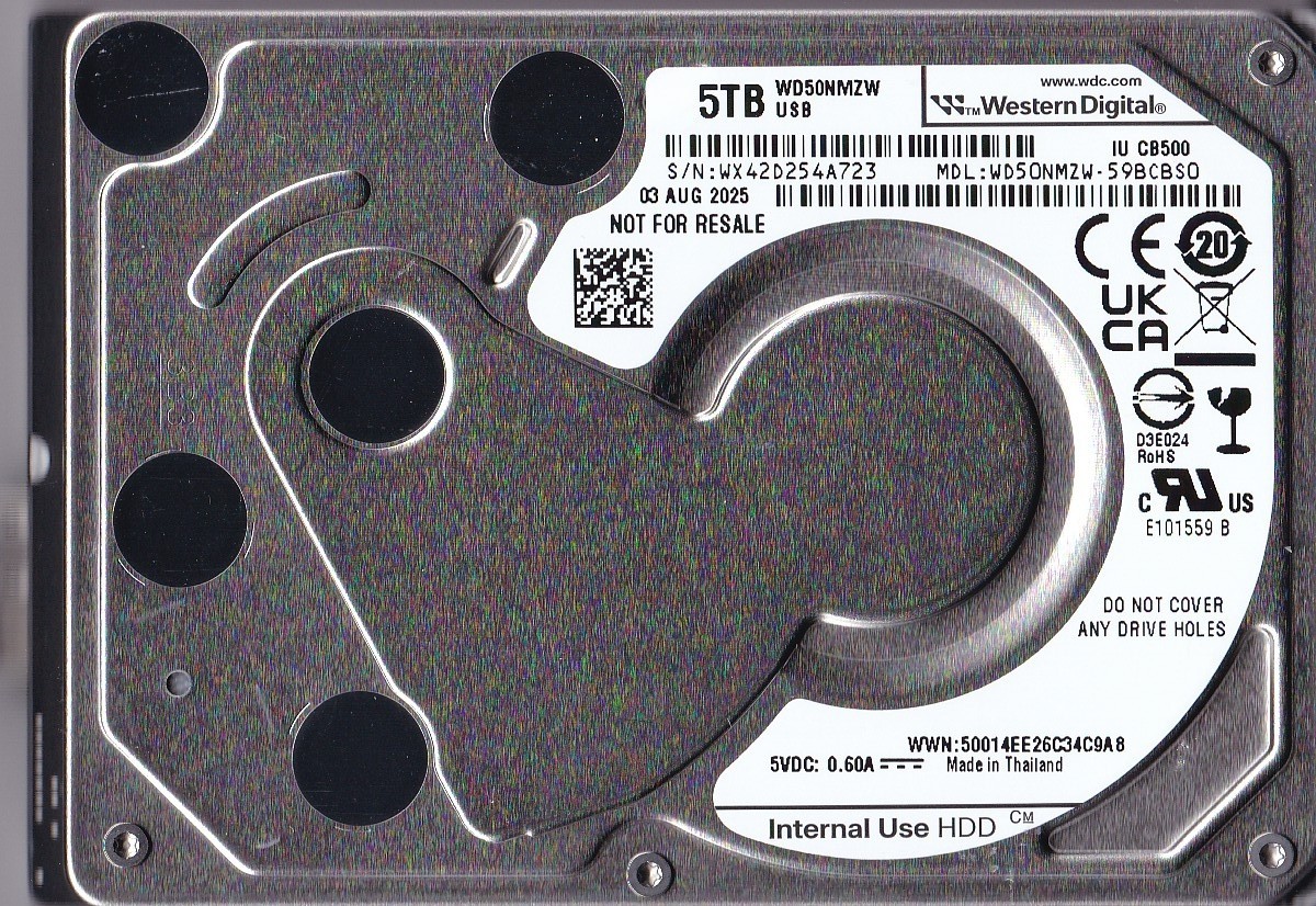 WD50NMZW-59BCBS0 s/n: WX42D2 Thailand AUG/ 2025 5TB USB 3.0 2.5" WESTERN DIGITAL