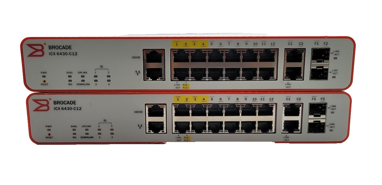 Lot of 2 Brocade ICX 6430-C12 Switch 12 Port 4 PoE Compact Network Switch