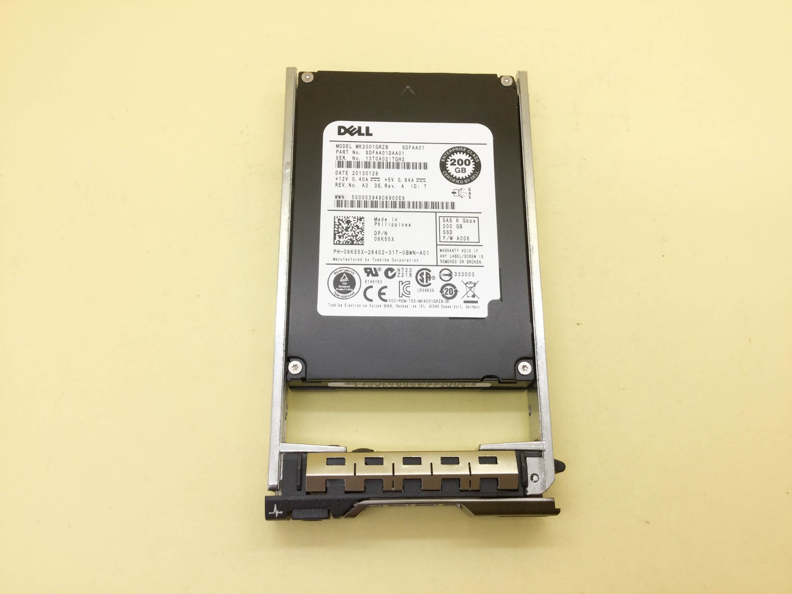 Dell Toshiba 200GB SAS SSD 2.5in 6Gb/s 6K55X Drive 06K55X MK2001GRZB