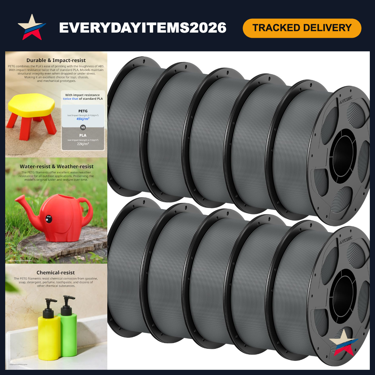 1.75mm PETG Filament 10KG - Texture Grey, High-Quality, Reusable Spool for 3D Pr