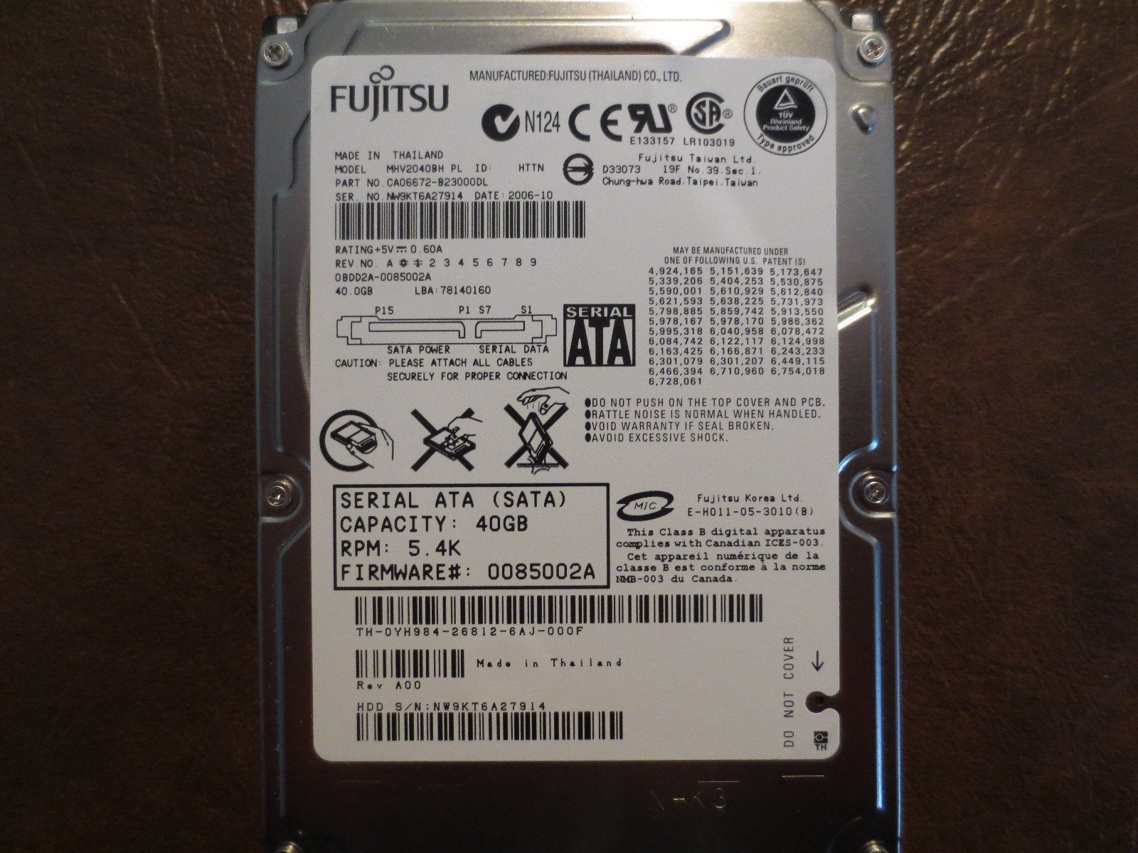Fujitsu MHV2040BH PL CA06672-B23000DL 0BDD2A-0085002A 40gb 2.5" Sata Hard Drive 