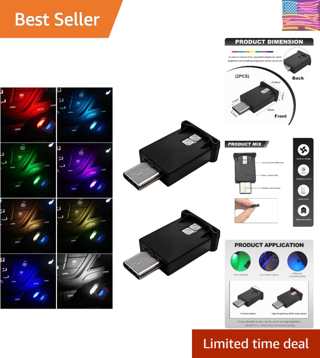 2-Pc USB-C LED Ambient Light, 8-Color RGB Dynamic – Car Interior Lamp