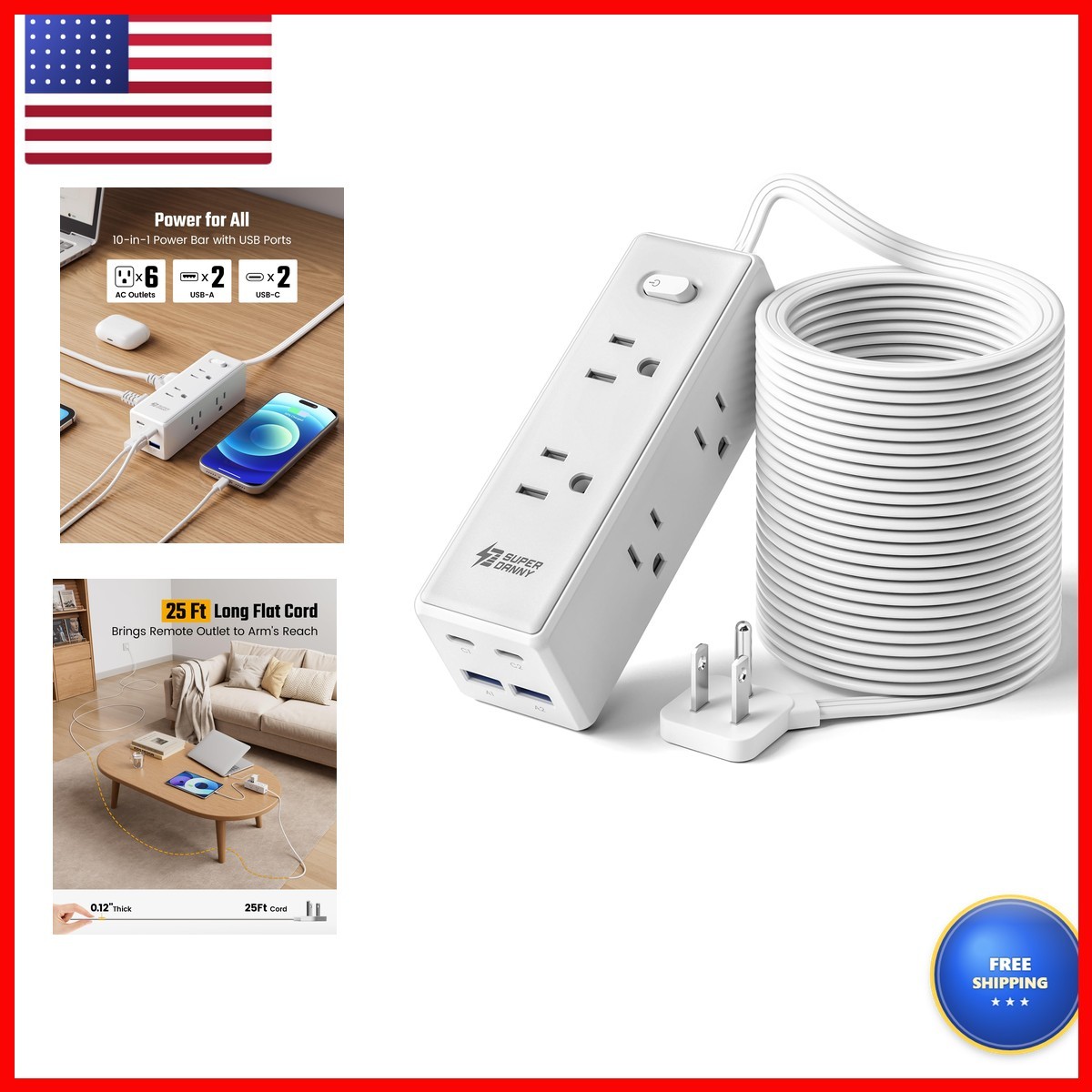 SUPERDANNY 25Ft Extension Cord Multiple Outlets, Flat Plug Power Strip SDCP08