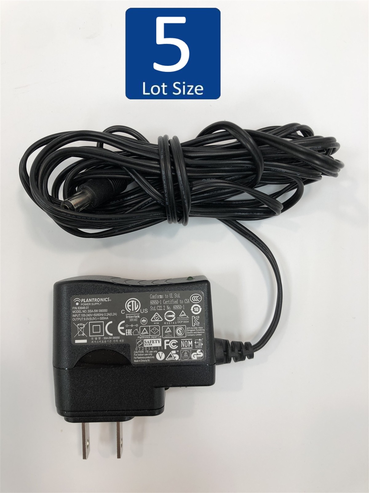 Lot of 5 Genuine Plantronics 9V 500mA AC Adapter Power Supply 83648-01 5W 090050
