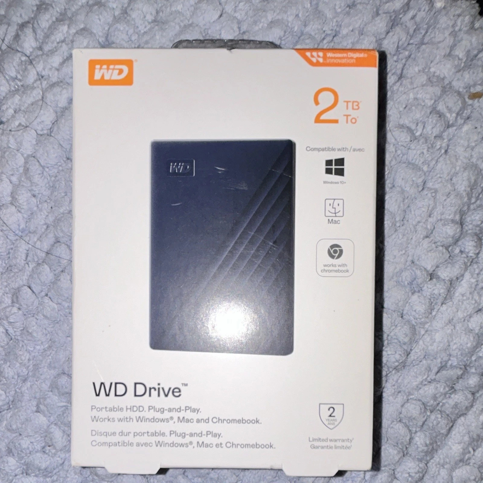 WD Drive 2TB Portable External HDD USB Plug-and-Play Blue Windows Mac Chromebook