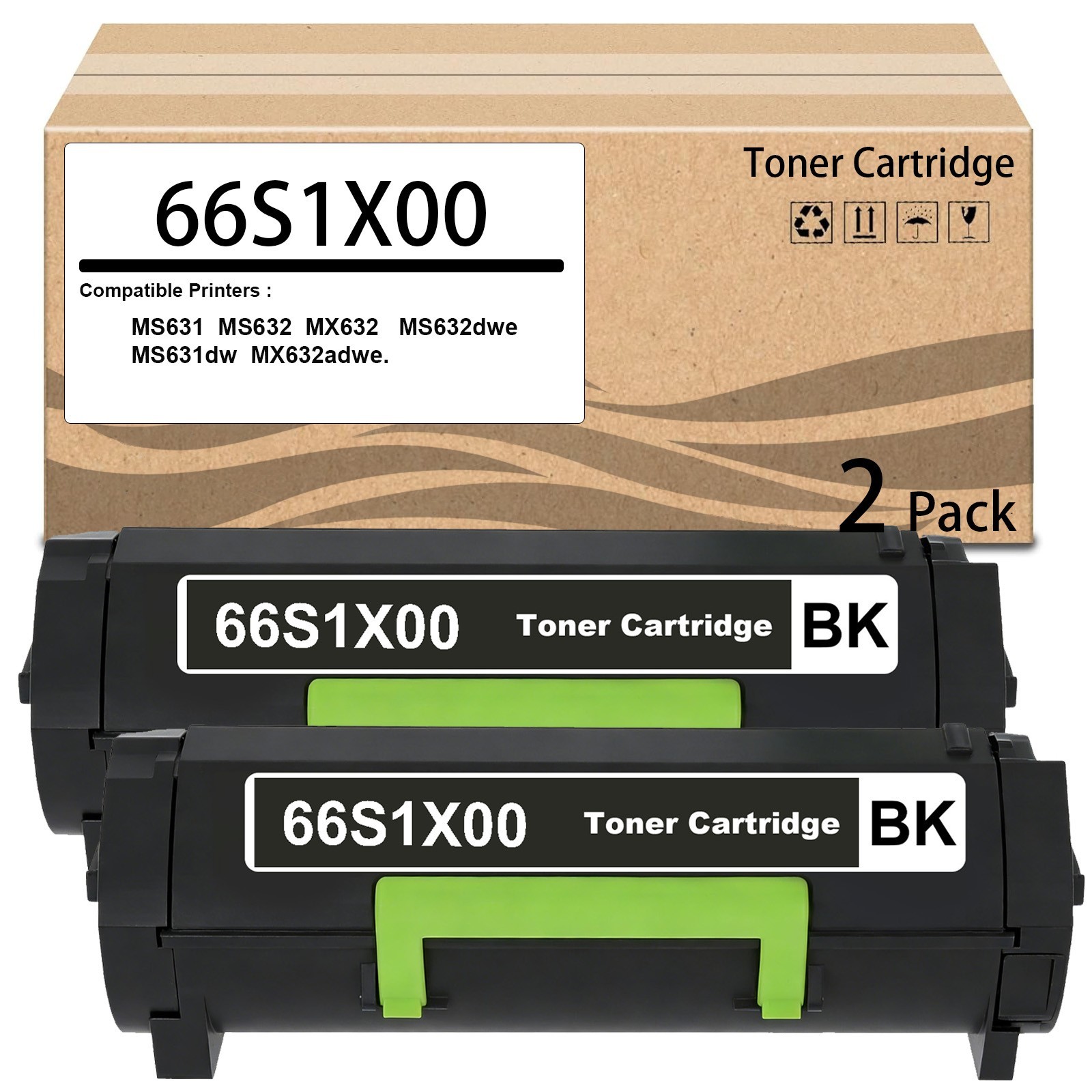 2PK 66S1X00 High Yield Toner Cartridge Compatible for Lexmark MX632 MS631 MS632