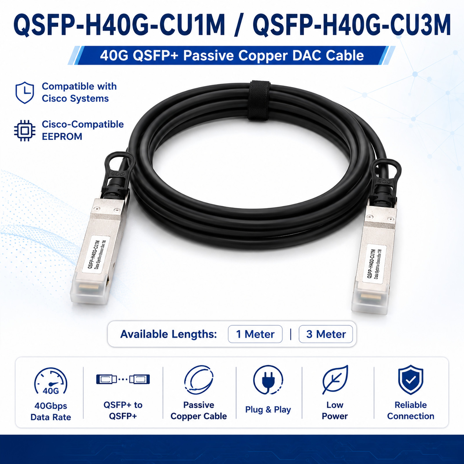 40G QSFP+ DAC Cable For Cisco QSFP-H40G-CU1M CU3M Passive Twinax