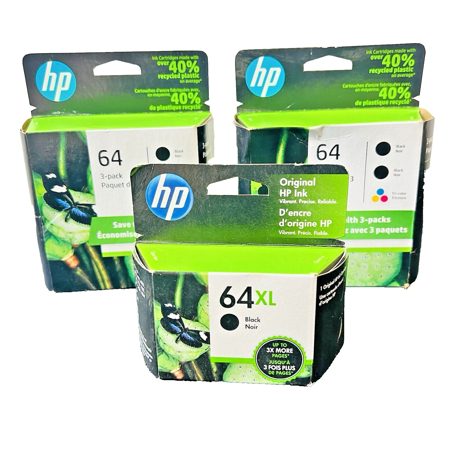 3 Genuine HP 64 Ink Cartridge Lot (2 Triple Combo Packs + 1 Black) Expired 07/22