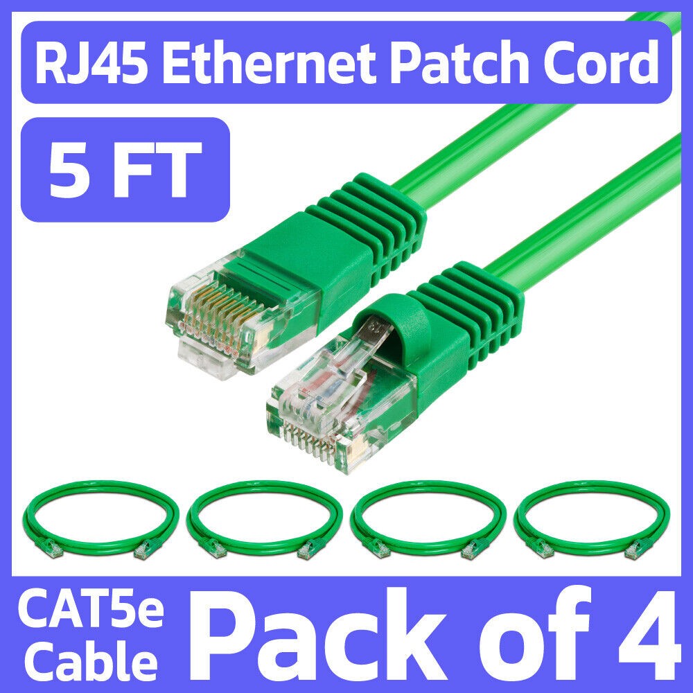 4 Pack Cat5e Cable Green 5FT Lan Ethernet Patch Cord Network Internet Wire RJ45