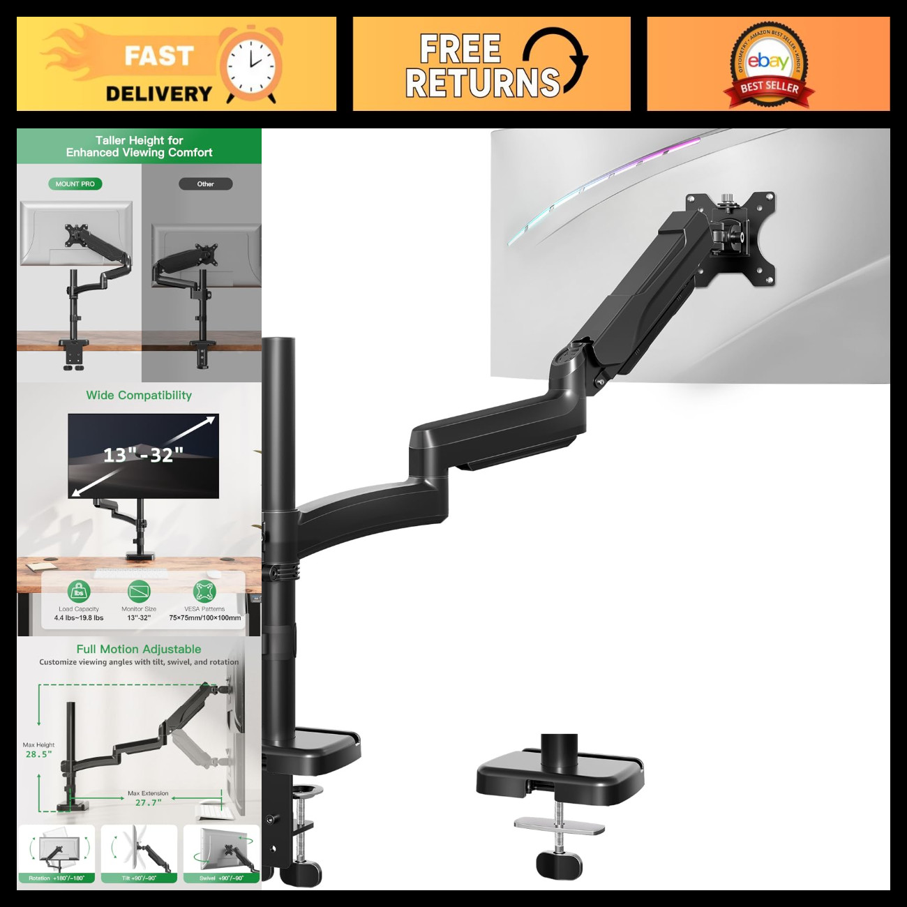 Adjustable Long Monitor Arm for 13-32" Screens, VESA Mount, Tilt & Swivel, 19.8l