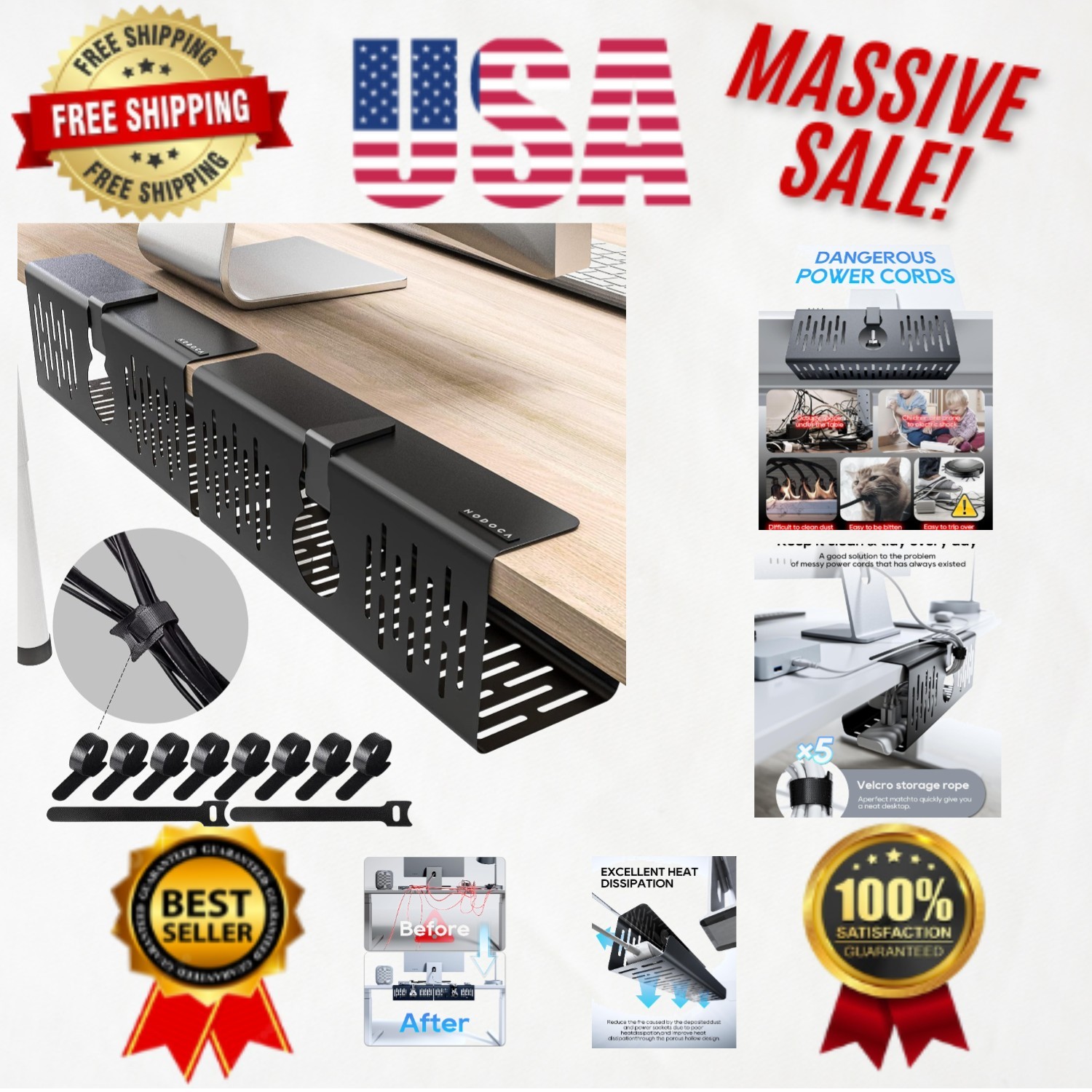 Elegant No Drill Under Desk Cable Management Tray - 14'' Wire Organizer, 2 Pack