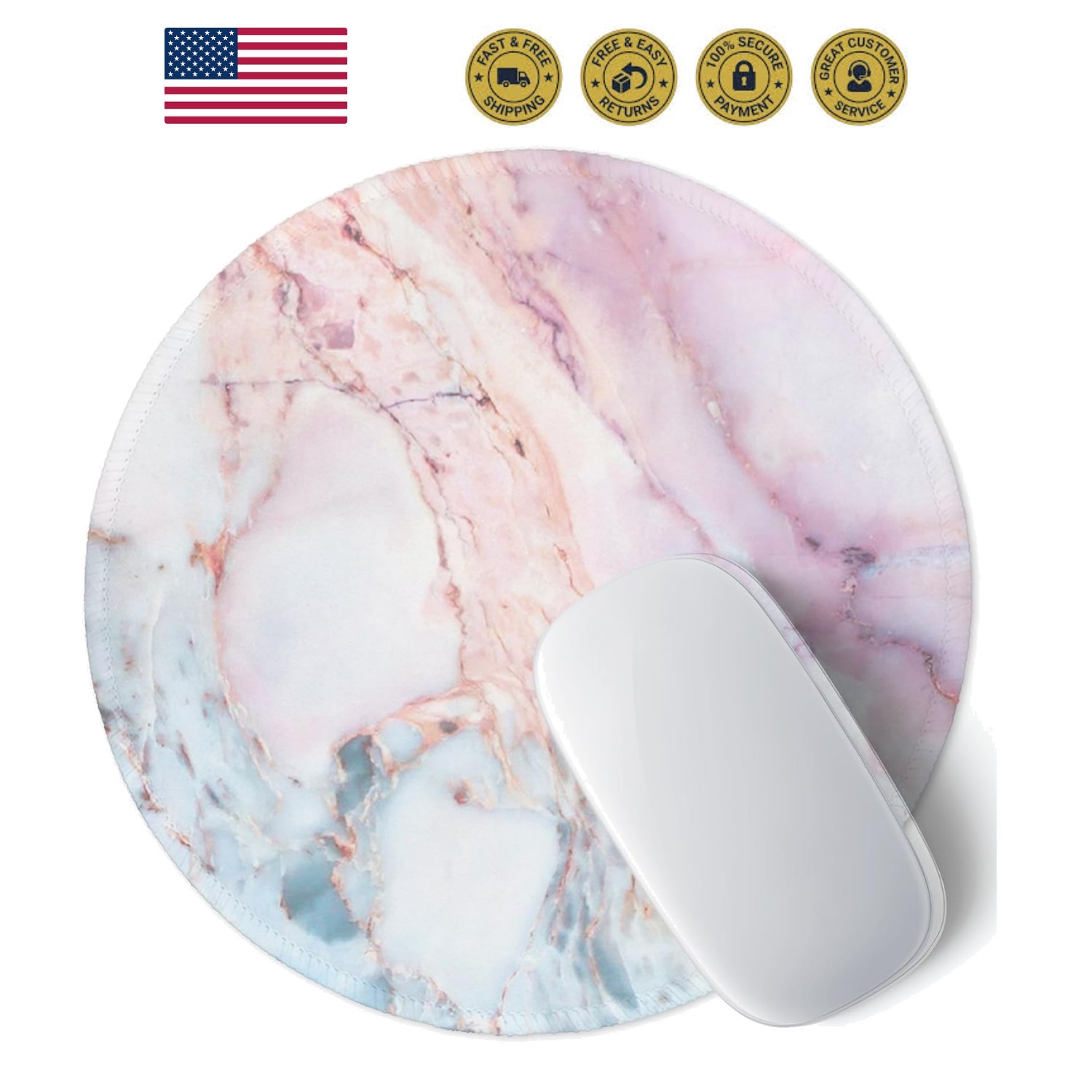 Marble Round Mouse Pad Pink Marble Customized -Textured Washable Desktop Prot...