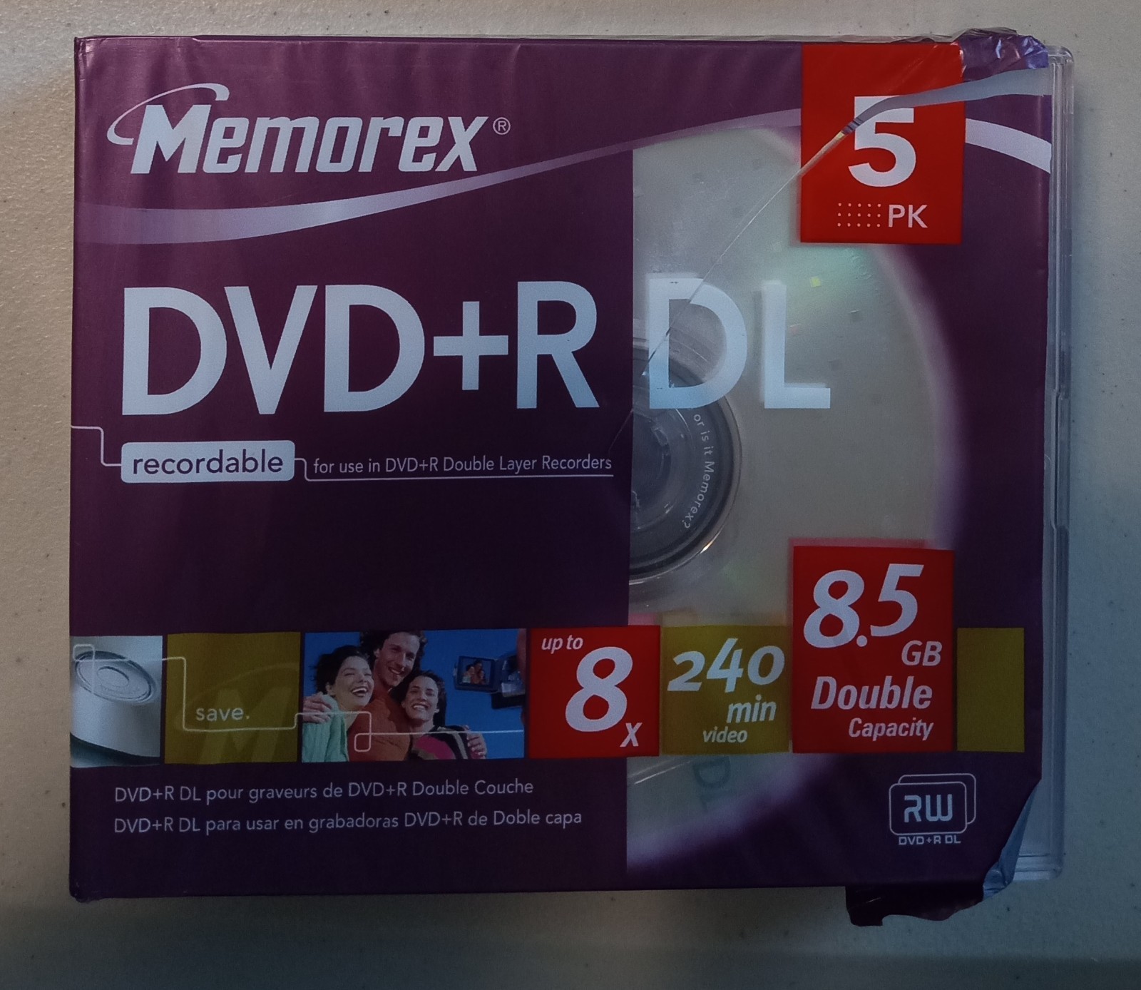 5 Pack MEMOREX DVD+R DL Double Layer 8.5GB 8x 240min DVDs in Slimline Cases