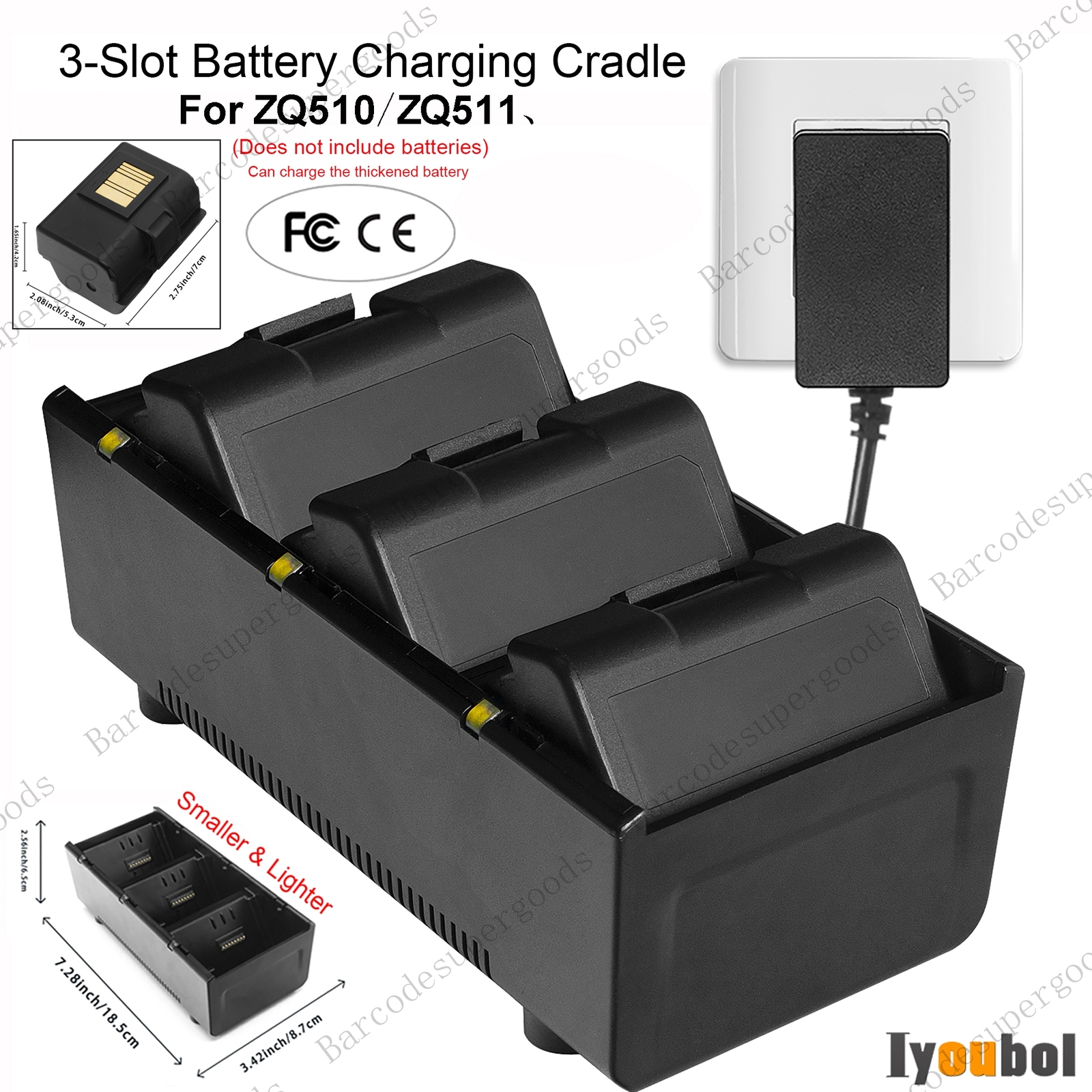 3-Slot Thickened Battery Charging Cradle + Adapter Supply for Zebra ZQ510 ZQ511
