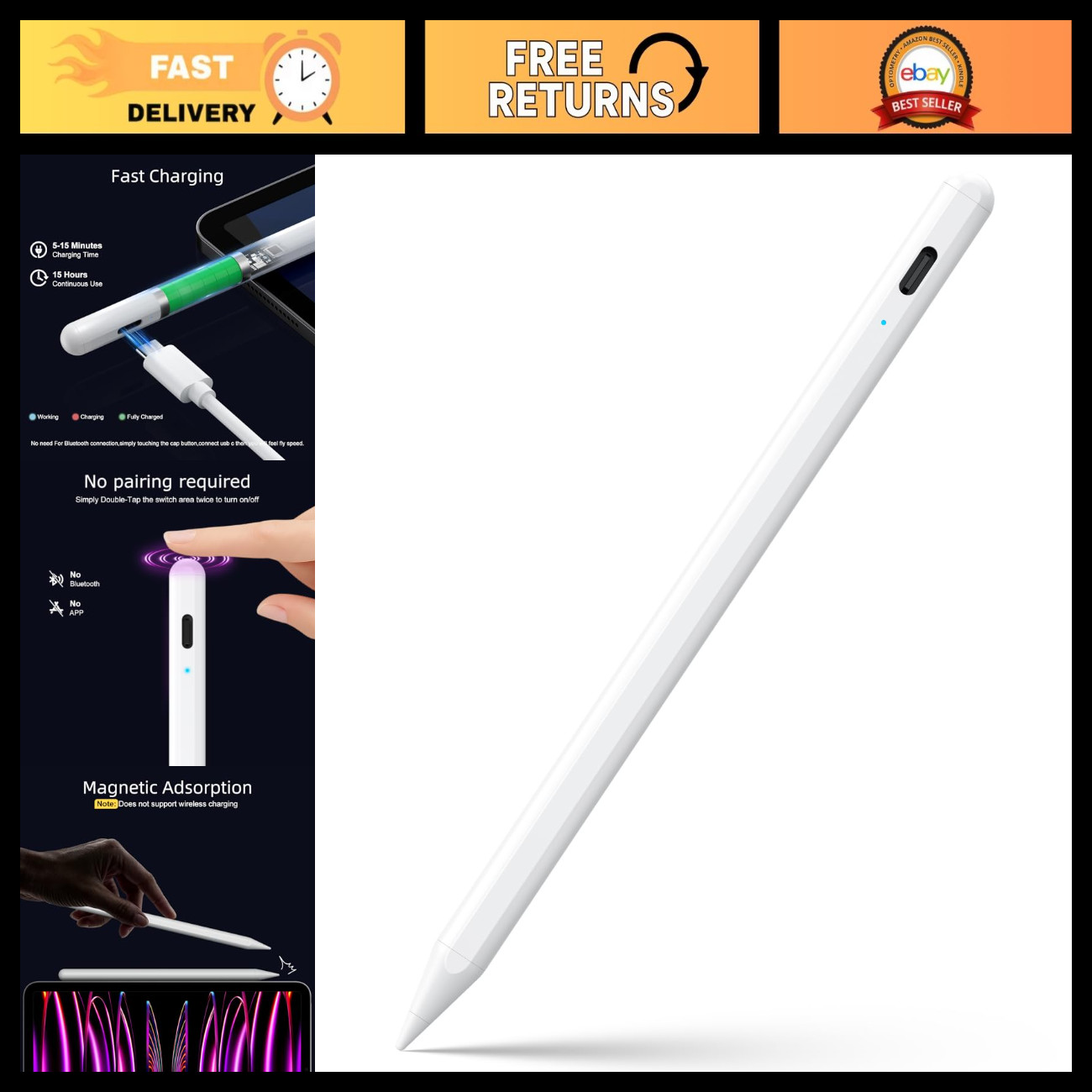 Stylus Pen for iPad 6-11th Gen, 2X Fast Charge, Palm Rejection, White Color