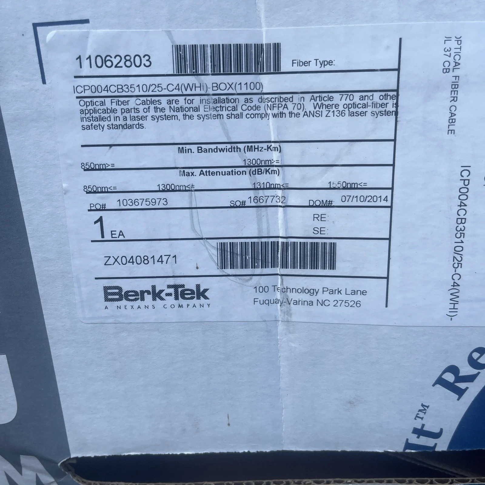 Berk-Tek Tight-Buffer Fiber Optic Cable Plenum White 1ft Reel-In Box UL 0594ft.