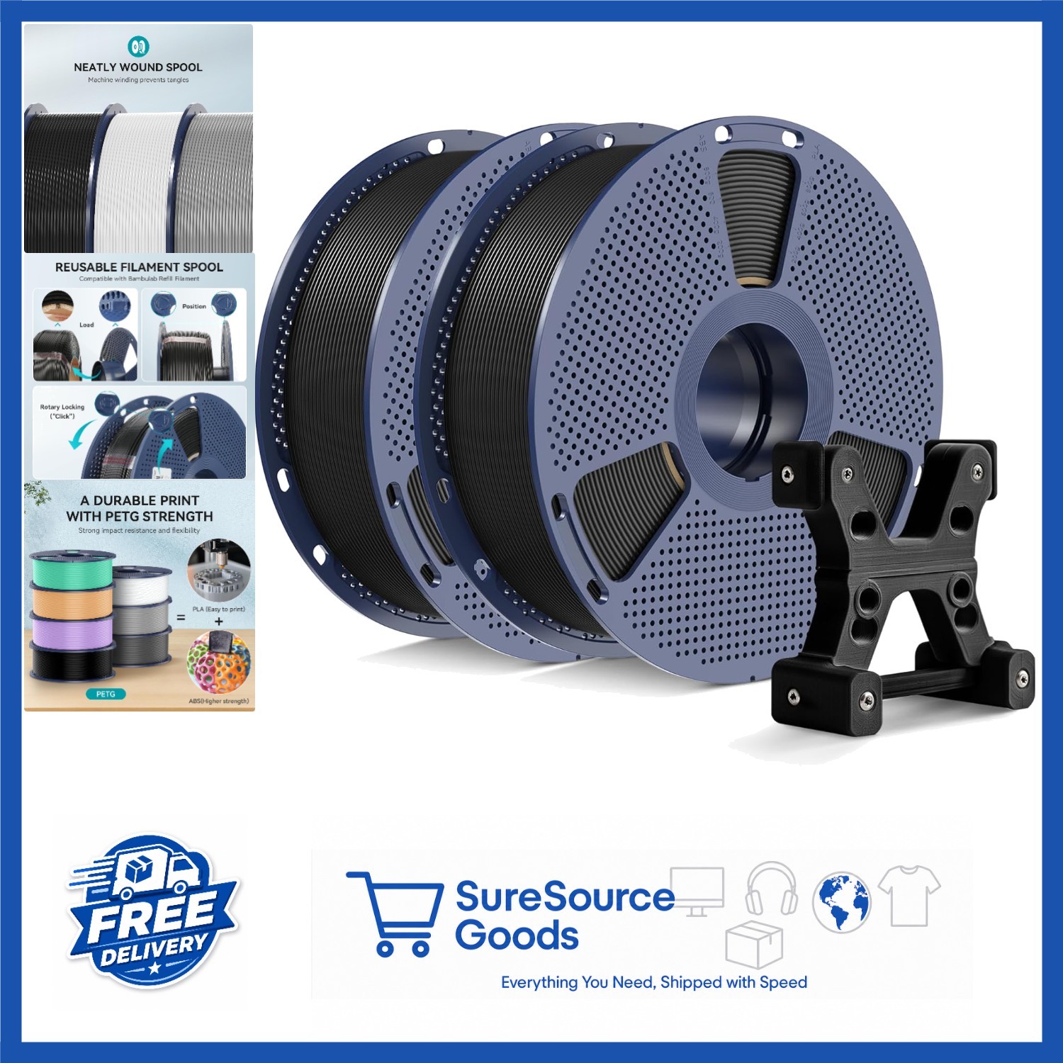 Official SUNLU 1.75mm PETG Filament 2kg Black Tangle-Free for 3D Printers