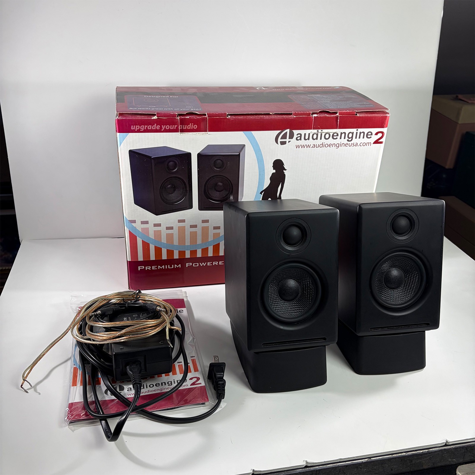 Audioengine A2 Powered Desktop Speakers - Black Pair w/ accessories