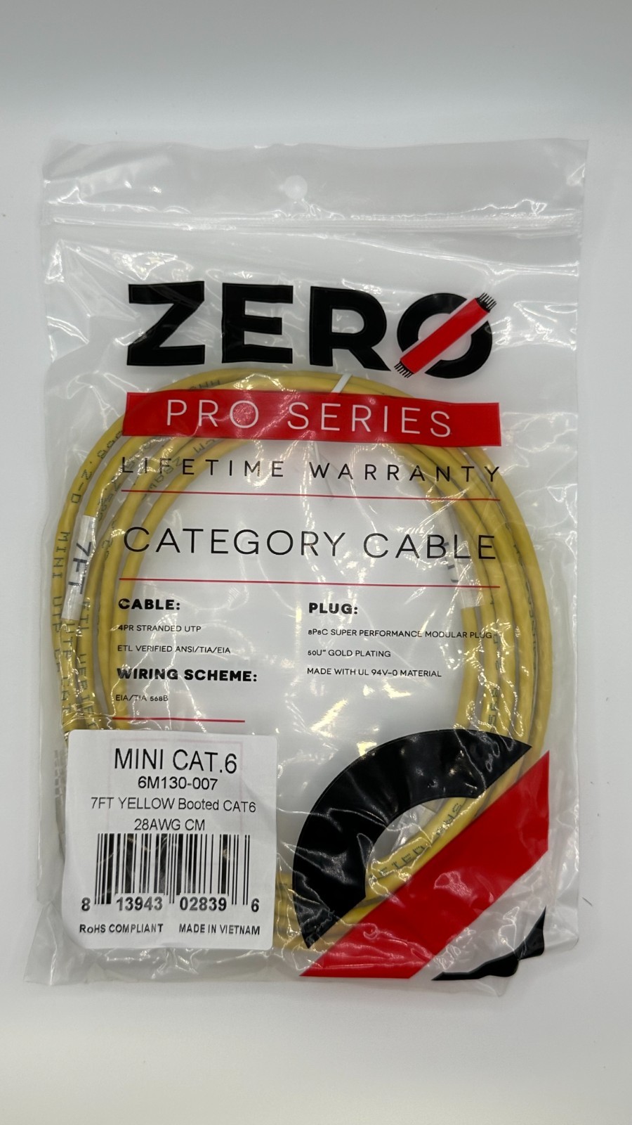 CAT 6 | UTP | 7 Feet | Yellow | 28AWG | Booted | Slim | Zero Pro Series