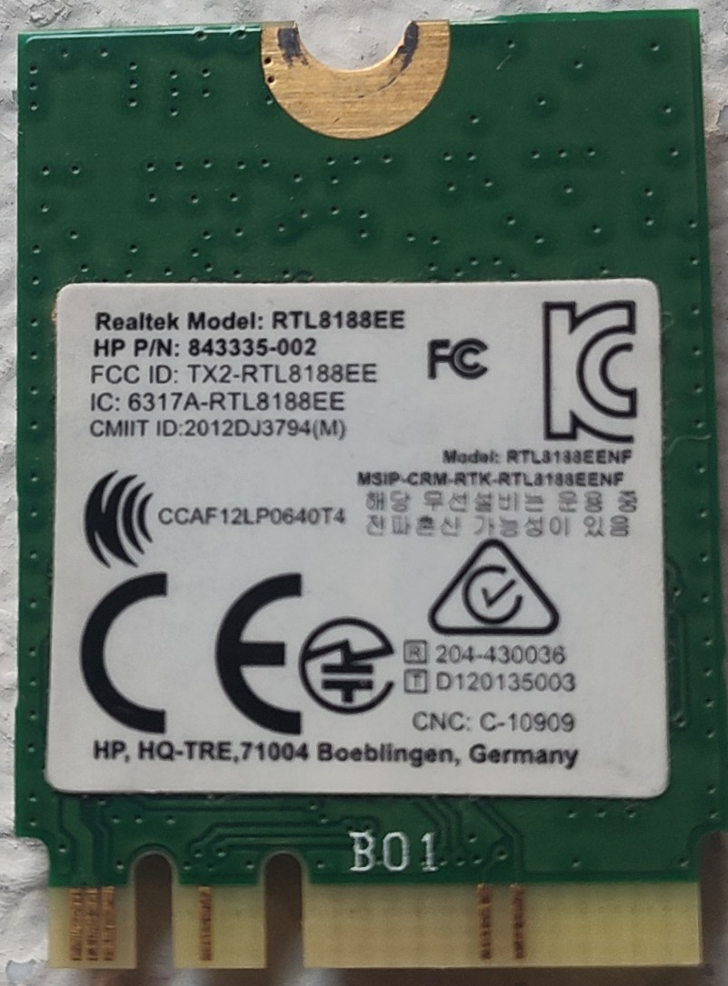 RealTek RTL8188EE wireless (Wi-Fi) card, HP part number 843335-002