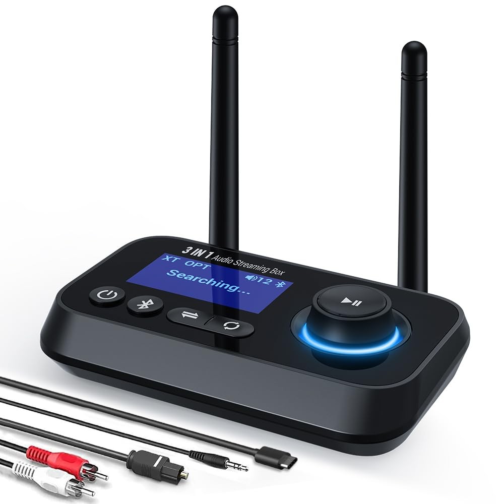 Ainostone Bluetooth 5.3 Transmitter Receiver Dual Antenna LCD Aux RCA Optical