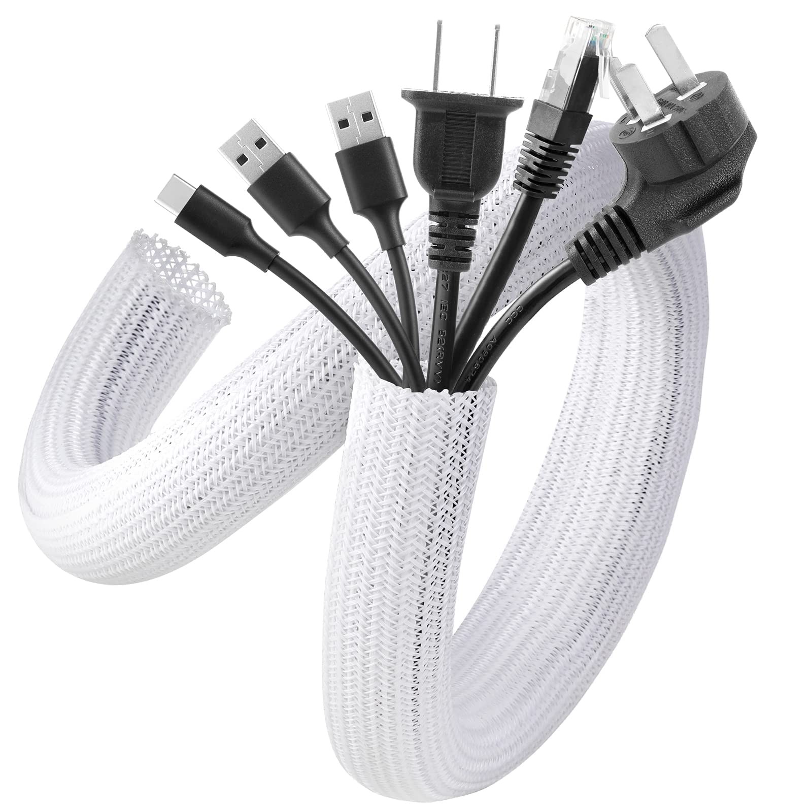 AGPTEK White Cable Management Sleeve, 2 Pack 5ft - 1.2 inch Cord Hider | Desk Co