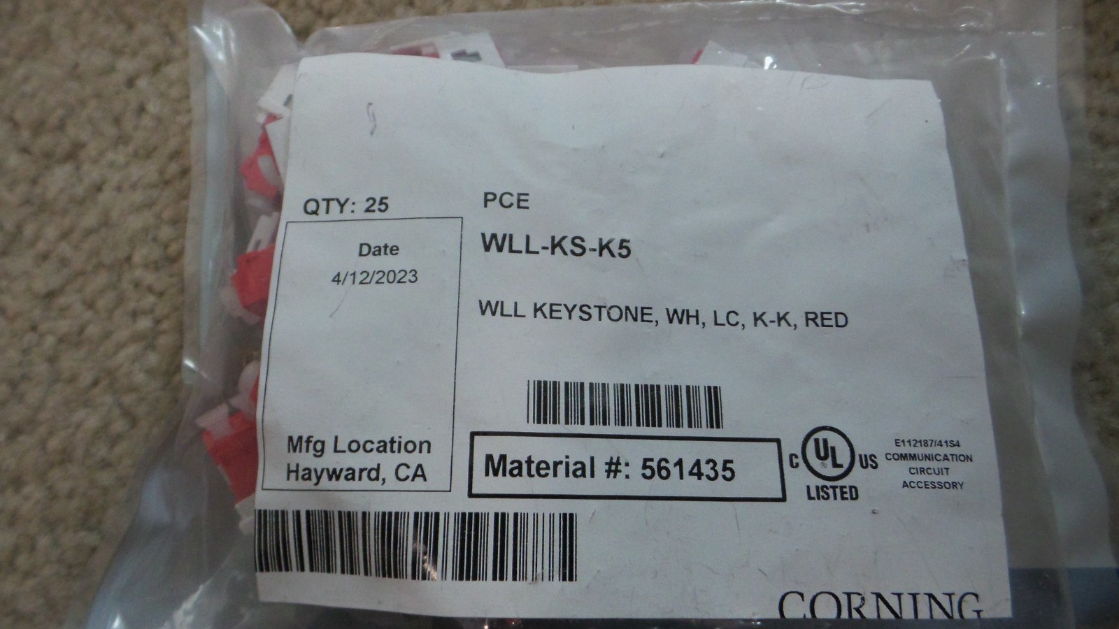 Corning WLL-KS-K5 KEYSTONE ,WH ,LC K-K, RED PACK OF 25