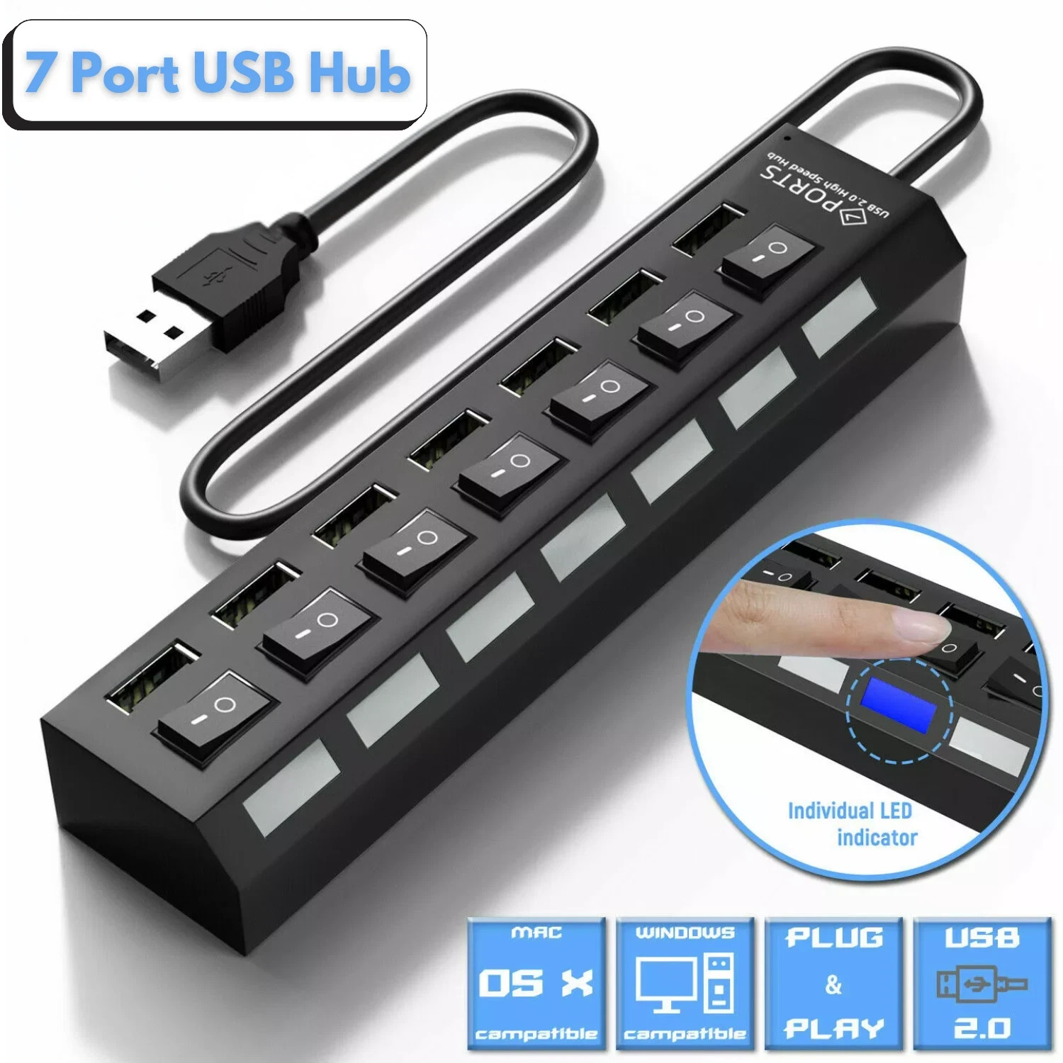 7 Port USB 2.0 Hub LED Powered High Speed Multi Splitter Extender For PC Laptop