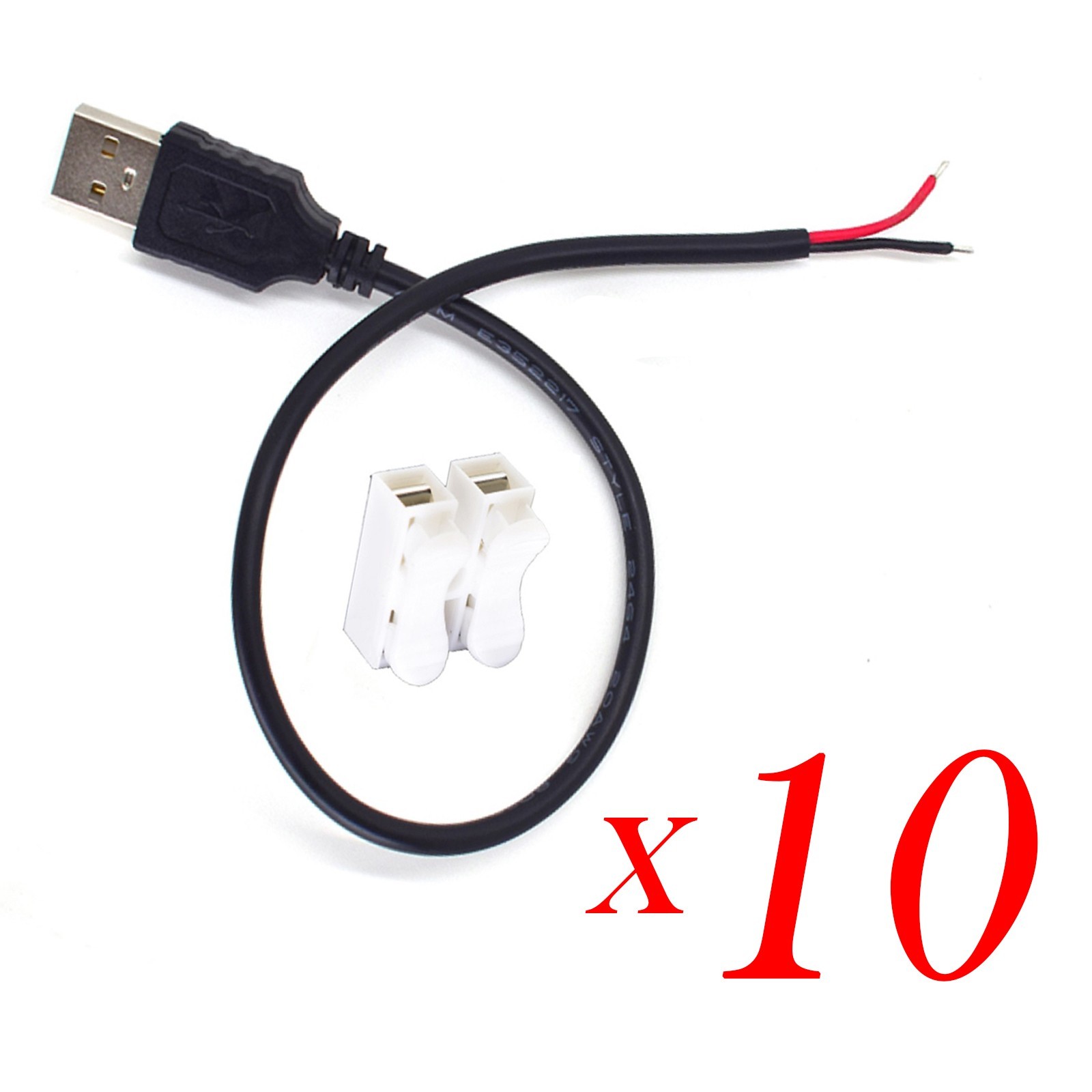 10X USB 2.0 Male to Bare Wire Cable 20AWG 5A 2Pin DIY Pigtail Cable 0.3M/1FT